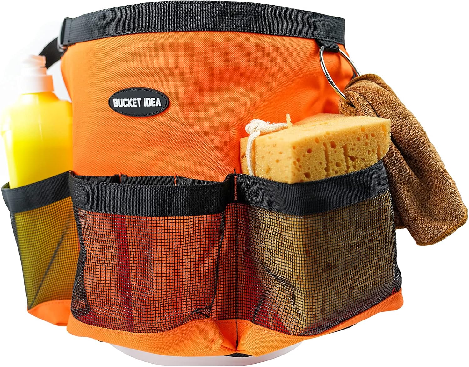 Bucket Idea Wash Tool Organizer for a 5 Gallon Bucket, Water-Resistant Mesh Pockets for Clean Supplier, Car Wash Supplier，Soap and Towel Holder Ring Included, (Orange)…