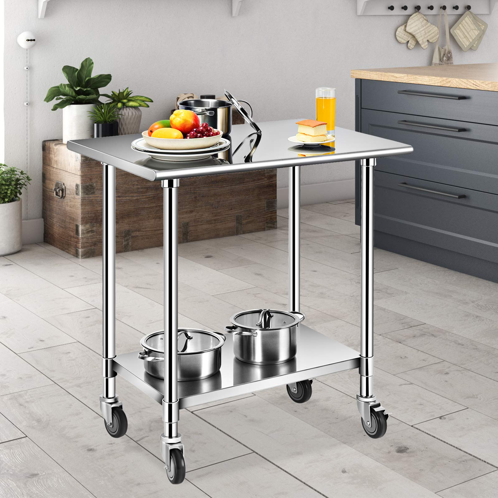 GOPLUS Mesa de Trabajo de Acero Inoxidable, Banco de Trabajo con 4 Ruedas giratorias 360°, Carrito para Servir, Carrito de Cocina con Estante Ajustable, soporta hasta 250 kg, 2 Ruedas con Freno