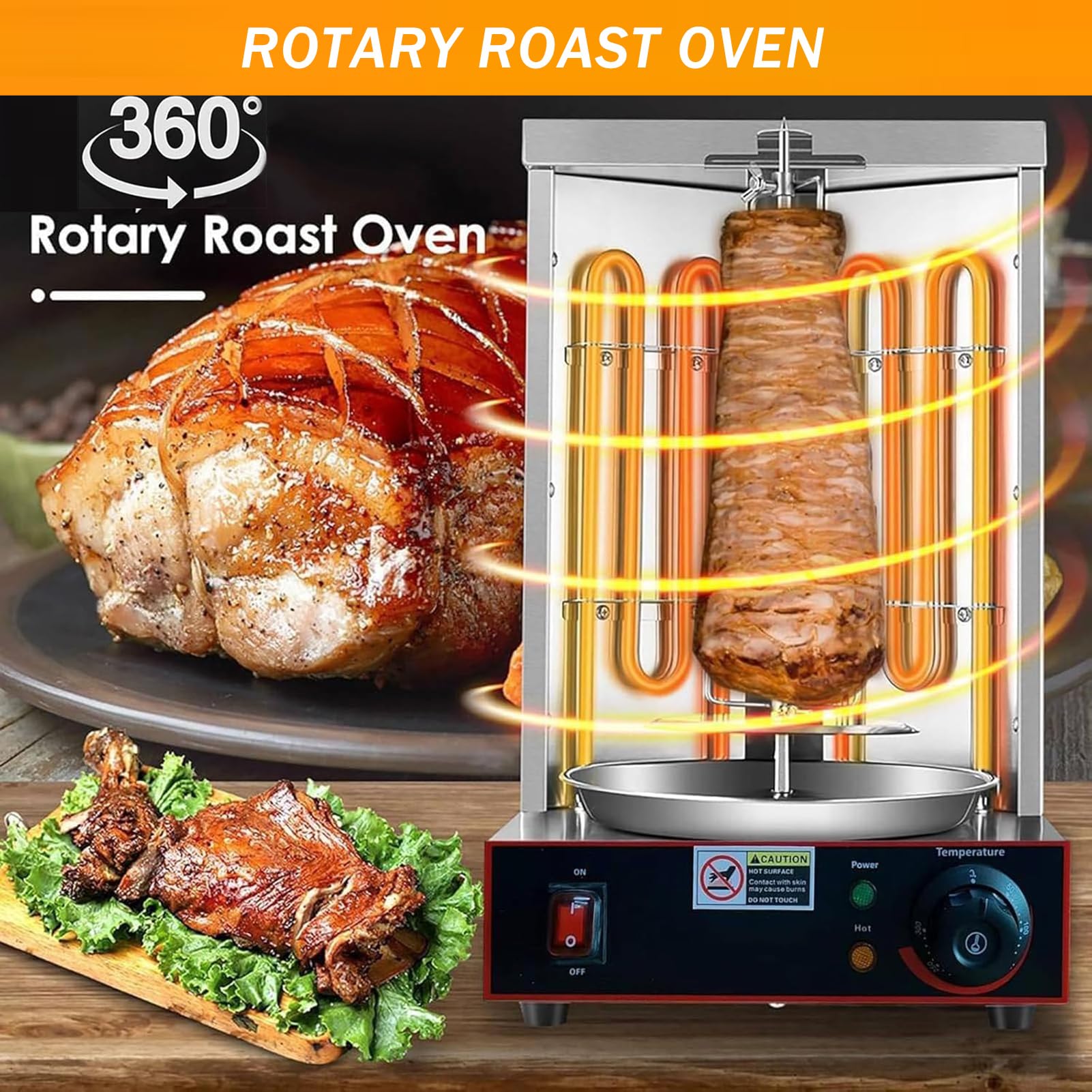 Gira Arrosticini Elettrico 2400W, Barbecue Elettrico da Tavolo Verticale, 2 Tubi Riscaldanti, Rotazione 360°, Termostato Regolabile 50‑300°C, Vaschetta Raccogli Carne, Uso Domestico e Commerciale