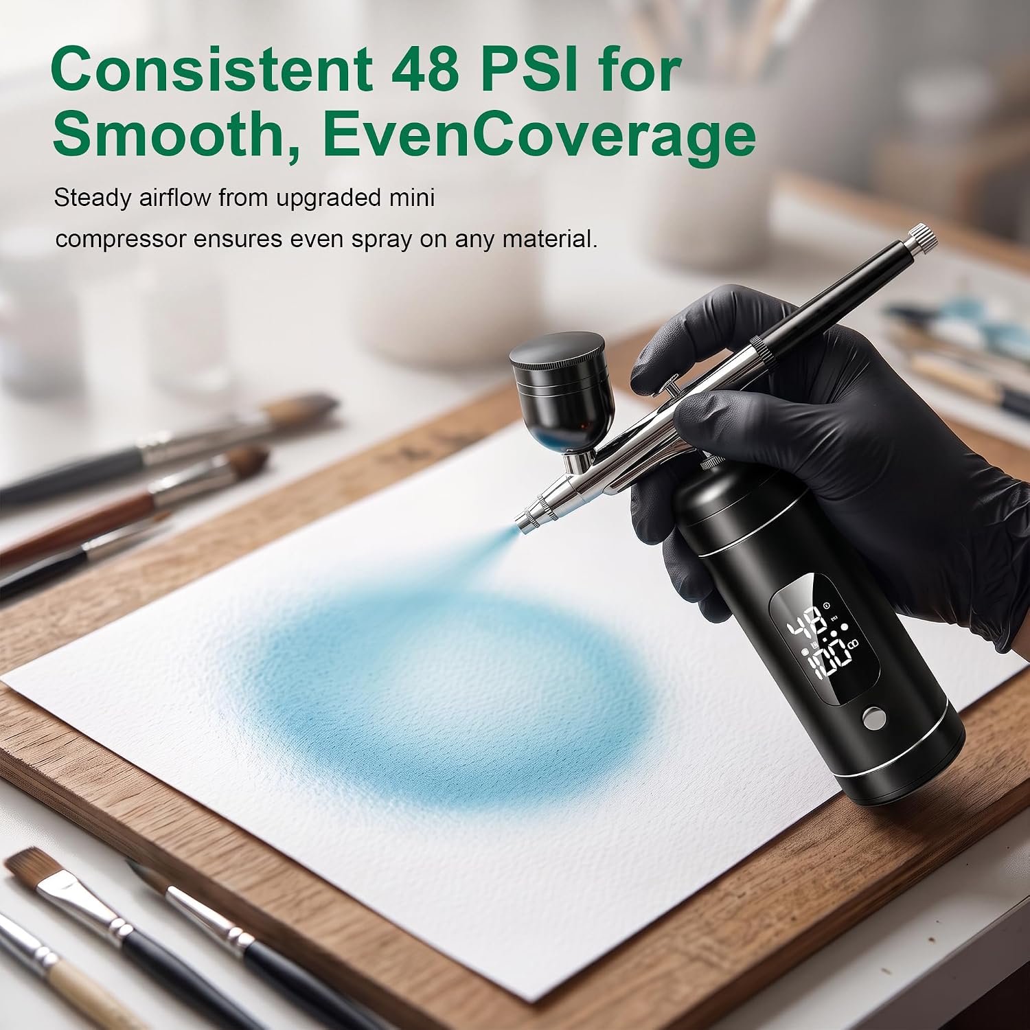 Cordless Airbrush Kit with Compressor, 48 PSI High Pressure, 3-Speed