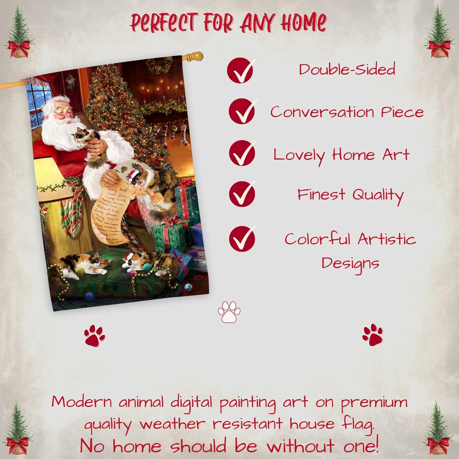 Doggie of the Day Calico Cats House Flag - Santa Sleeping - Holiday Outdoor Double Sided Pet Portrait Home Garden Decor 28"w x 40"h