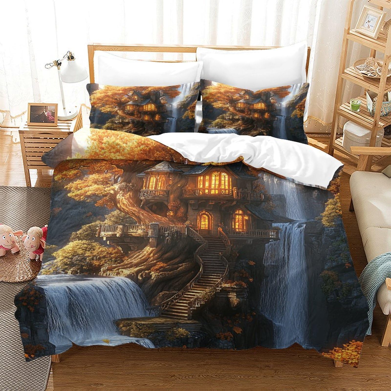 Casa sull'albero fantasy Impressione 3D 3 pz coperteletto Fantasia in stile cottage fodera per edredone microfibra morbida antiacari per bambini adolescenti donne King（220x240cm）