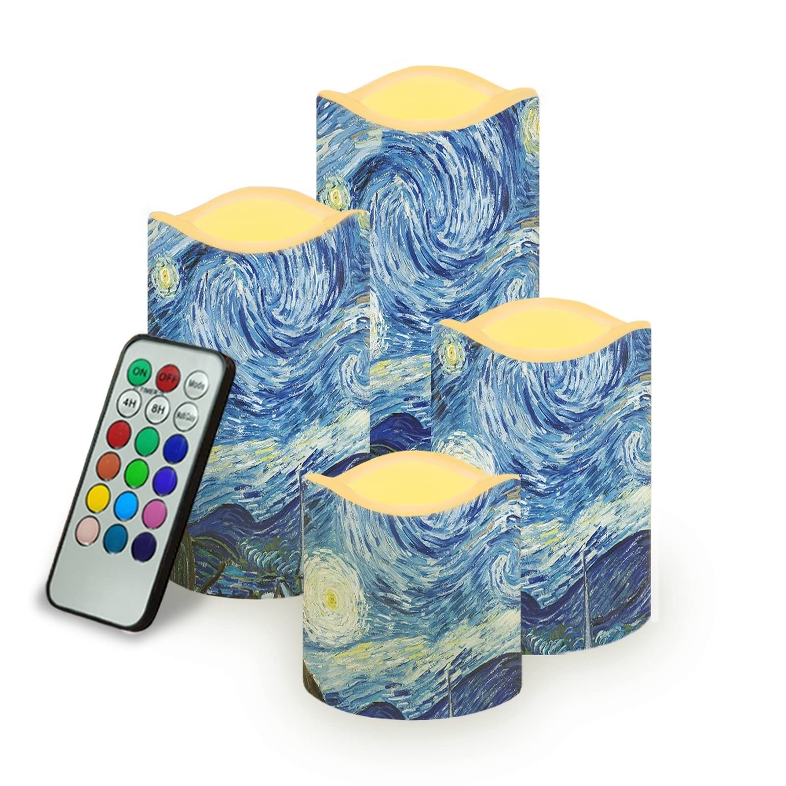 Kuiaobaty Starry Night LED Flameless Candles Multicolor Flickering Candle Lights with Remote Control Timer, Van Gogh Art Decor — image 1