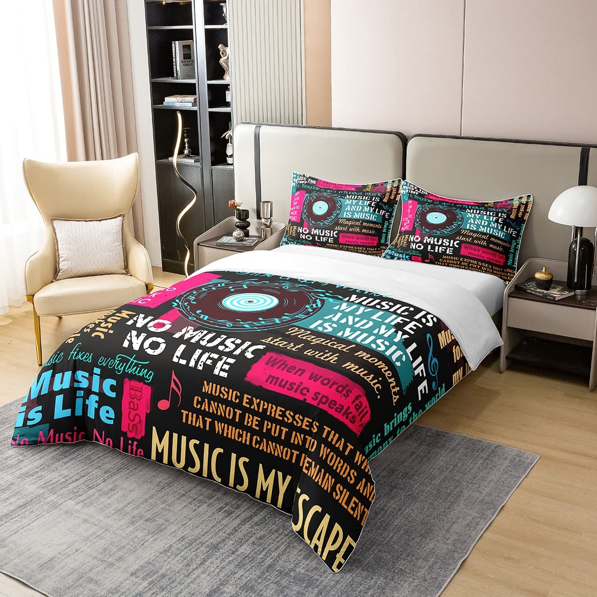100% Natürliche Baumwolle Rock Musik Bettbezug 135x200,Jazz Musik Bettwäsche Set für Kinder Teens Jungen Mädchen Mann Hip Hop Graffiti Komfortbezug,Musik Noten Bett Sets mit1 Kissenbezug