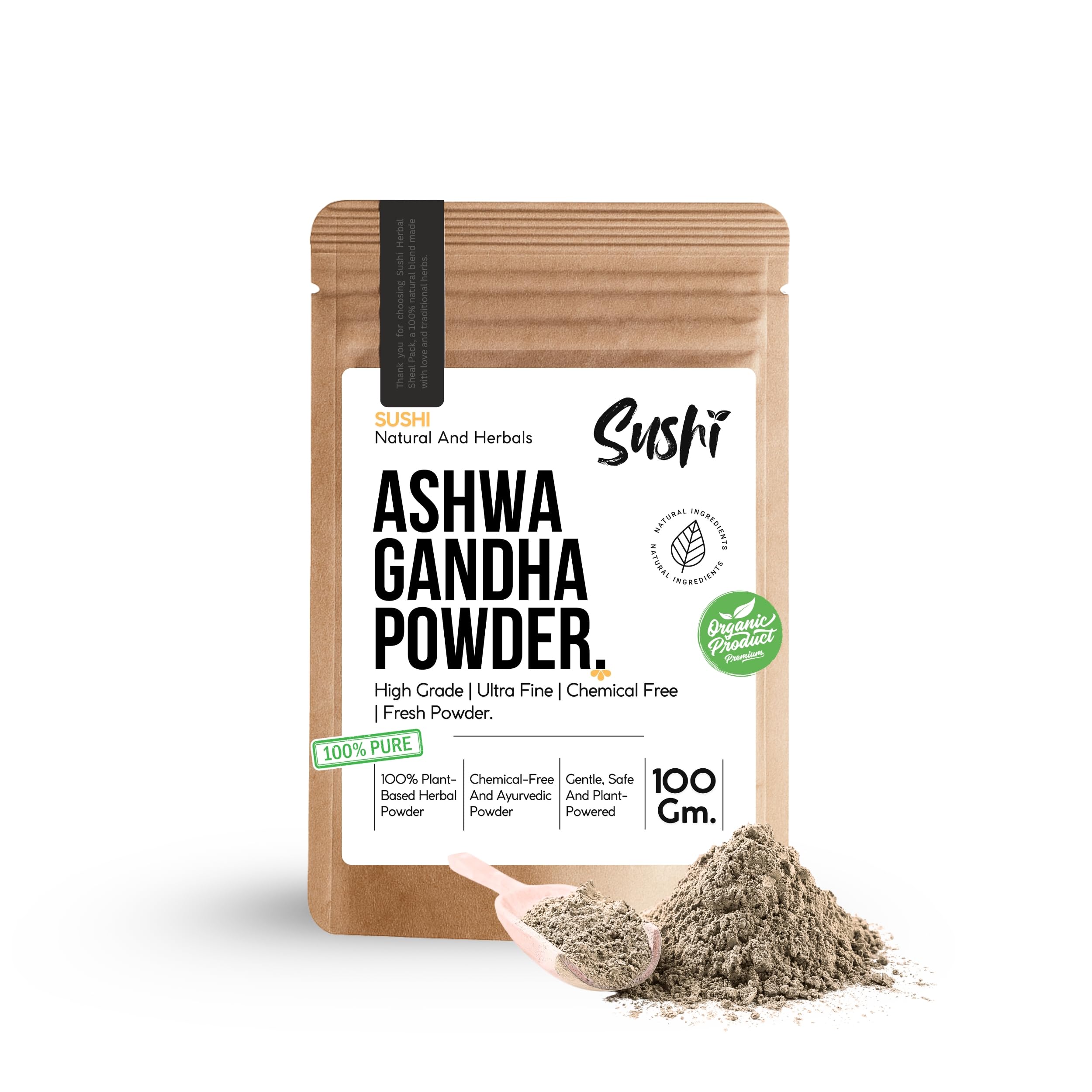 Sushi Ashwagandha Powder | 100% Pure & Organic | Natural Stress Relief & Energy Boost | Herbal Adaptogen (Pack of 1 | 100gm)