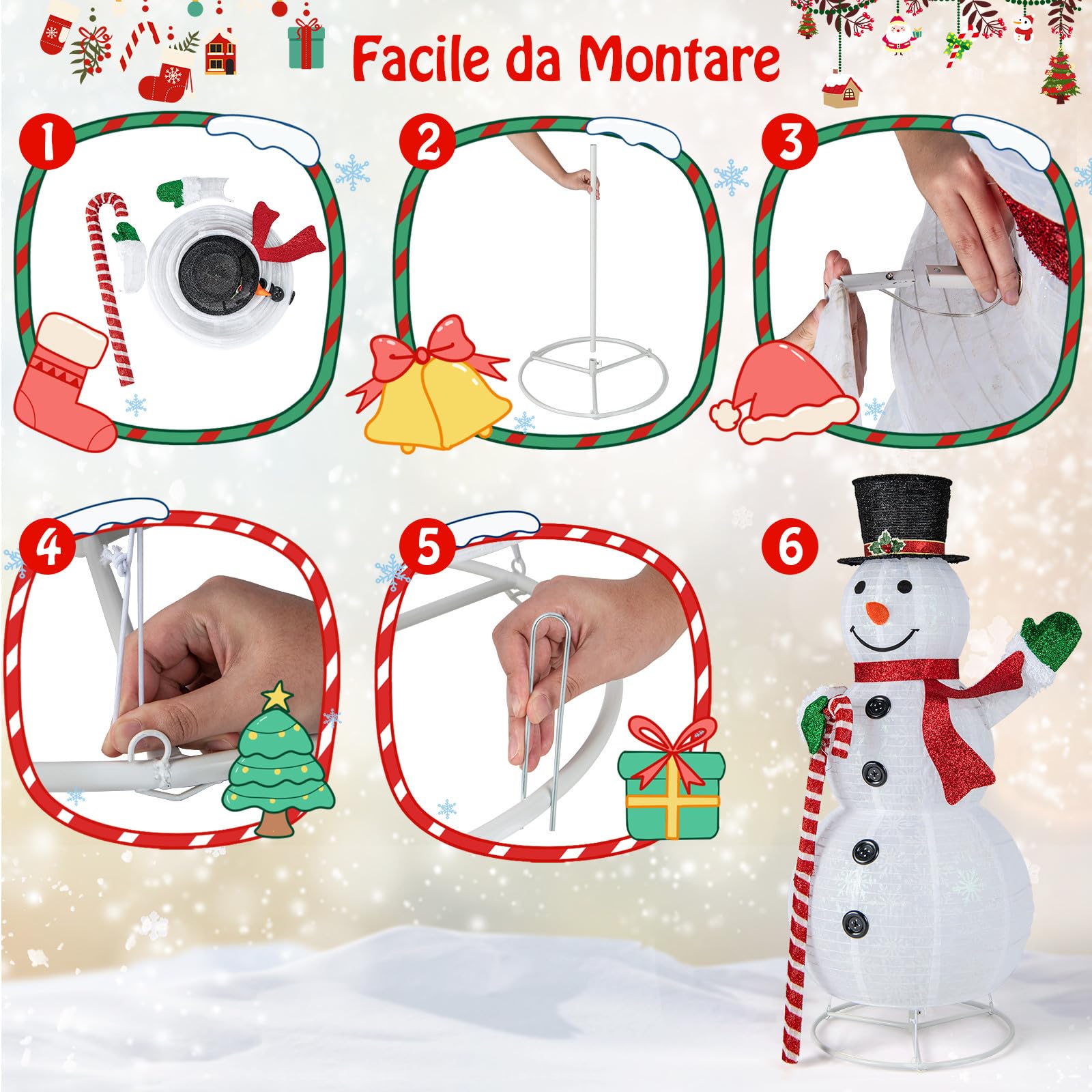 COSTWAY Pupazzo di Neve Luminoso da 150 cm, Decorazione Natalizia con 180 Luci LED, Cappello, Sciarpa, Decorazione Natalizia per Interni ed Esterni per Feste, Balcone, Giardino