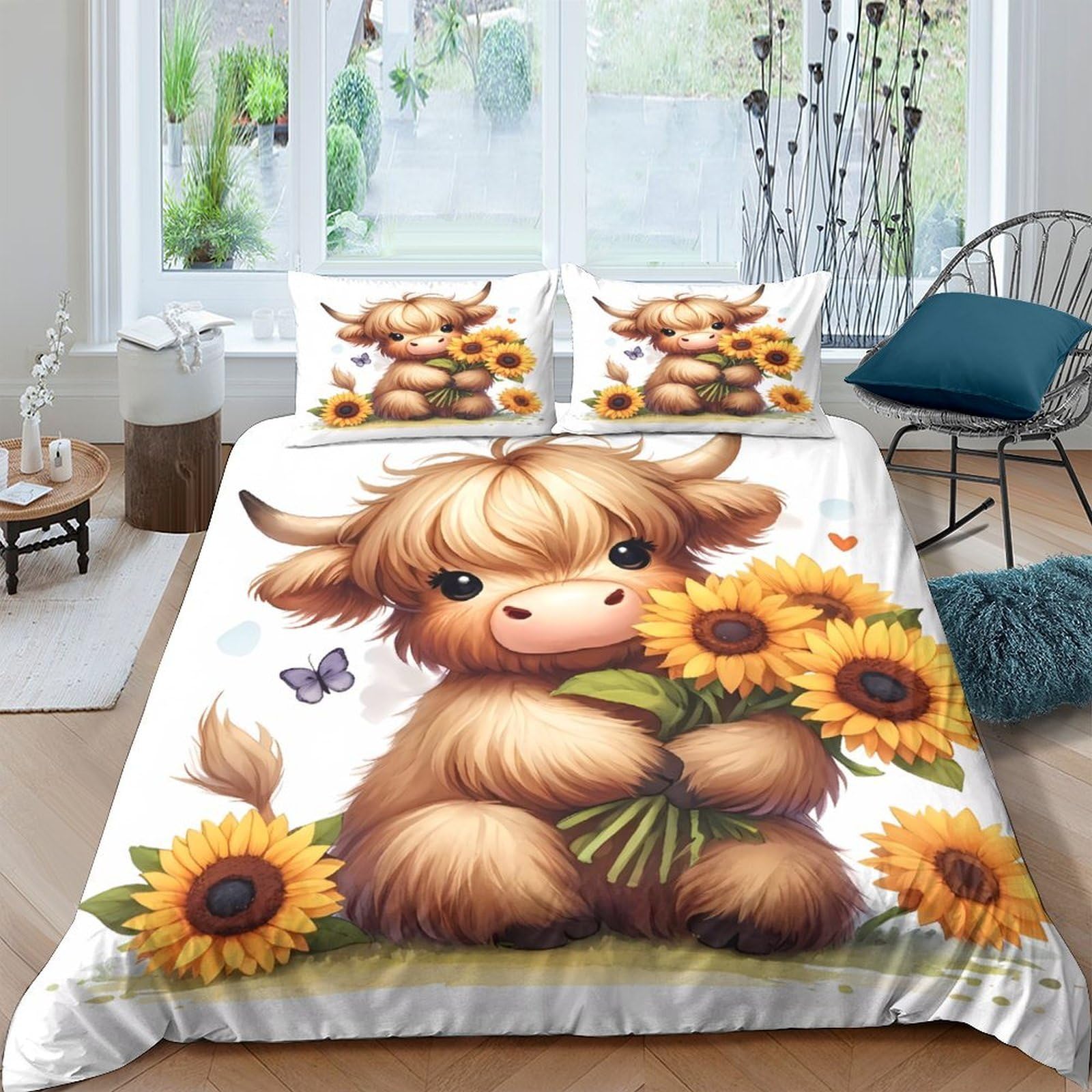 Ctjqhvkz Style-9 3D Printed Cute Highland Cow Fitted Sheet Microfiber Sunflower Bed Cover For Bedroom Dorm Mattress Protection Decor Single（135X200cm）