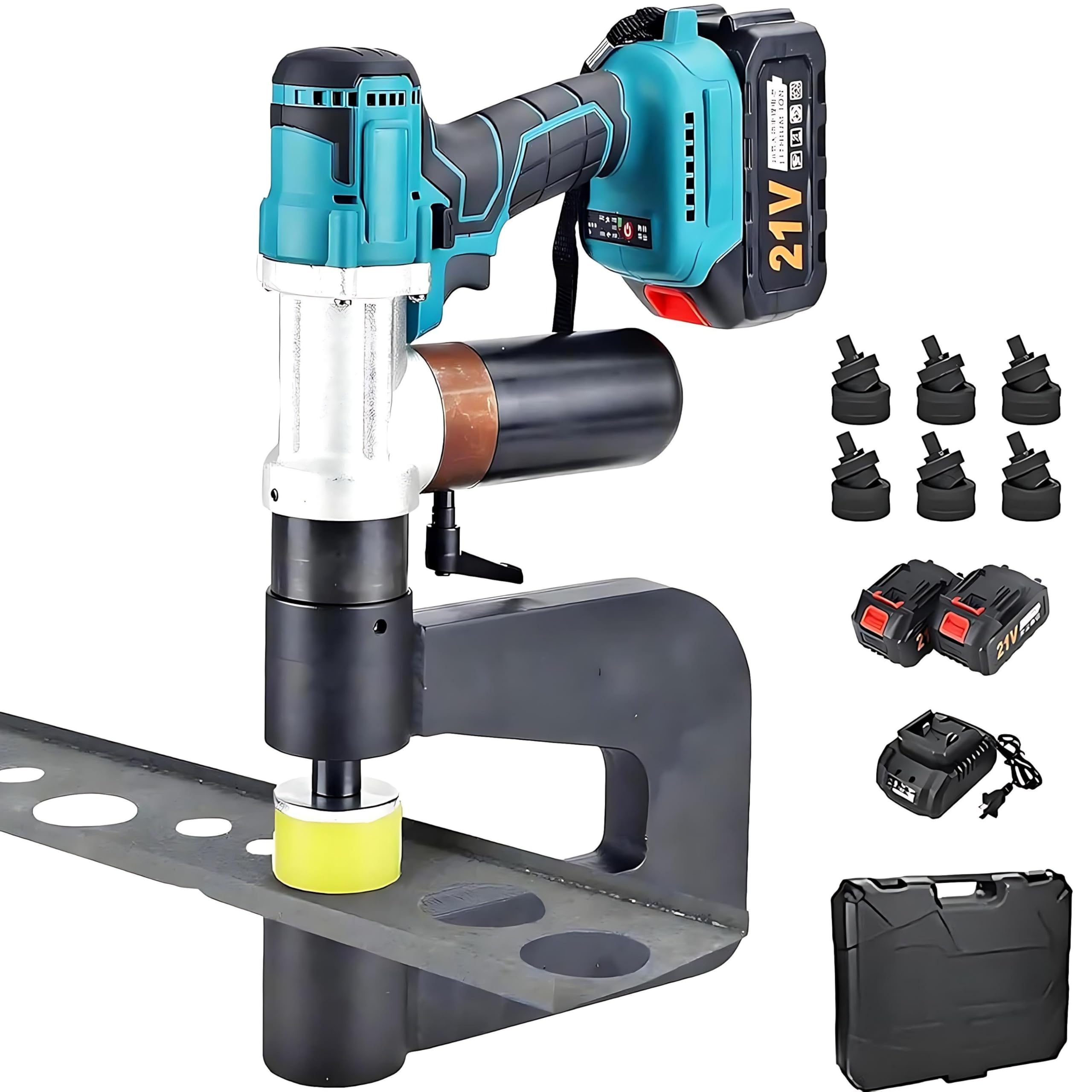 Punzonatrice idraulica per Acciaio 75mm, utensile Elettrico per Fori Φ16-32mm (6 matrici), Spessore Ferro 1,5mm/Inox 1mm/Alluminio 2mm, 2 batterie + Valigetta – per Quadri e canaline