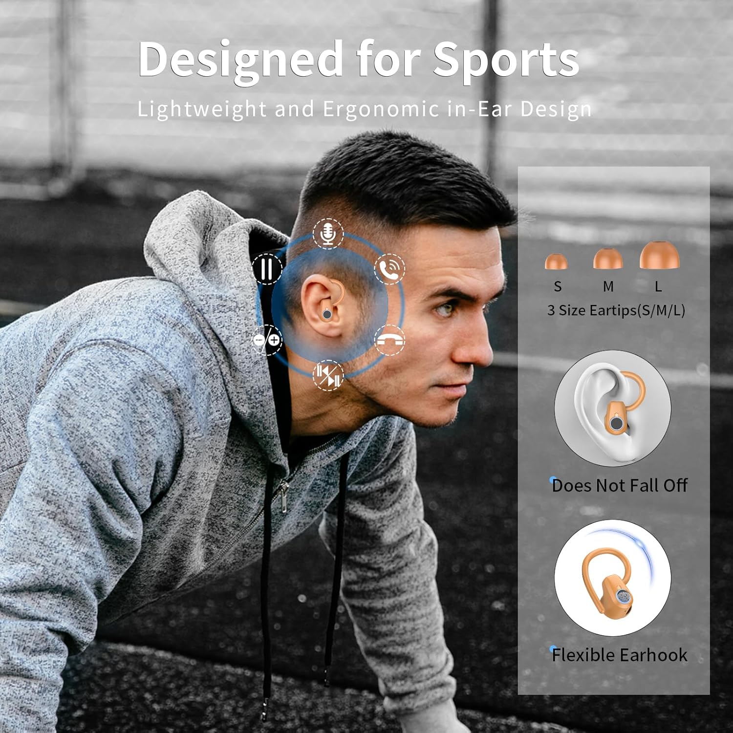 Wireless Earbuds, Headphones Sport Bluetooth 5.4, Over Ear Buds with ENC Noise Canceling Mic, Deep Bass Stereo Earphones with Hook, 50H Playback, LED Display Ear Buds for Workout Running, Deep Orange​