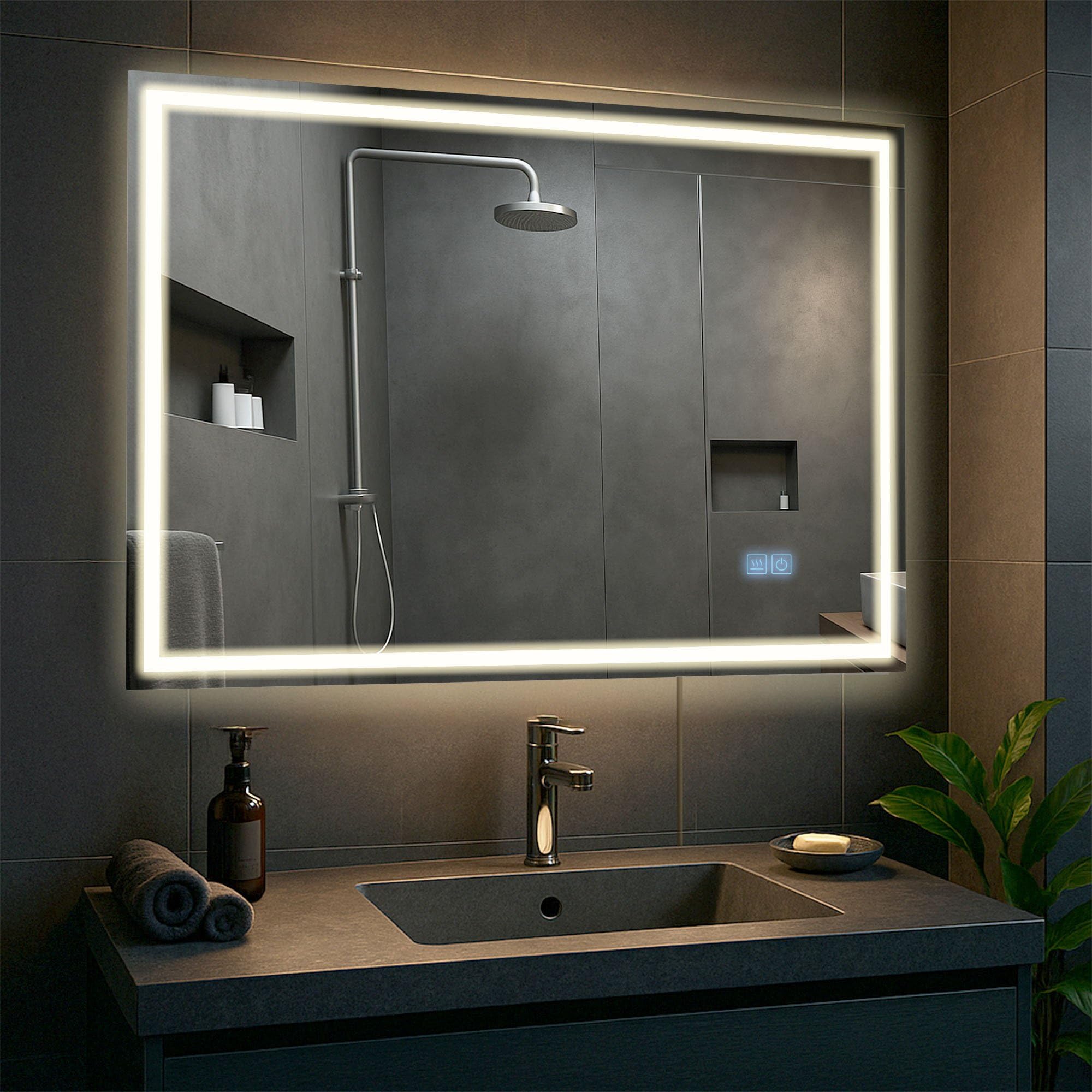 CLP Specchio da bagno Jaffrey, altoparlante Bluetooth, antiappannamento, specchio da parete con illuminazione a LED, dimmerabile, Dimensione:70x100 cm