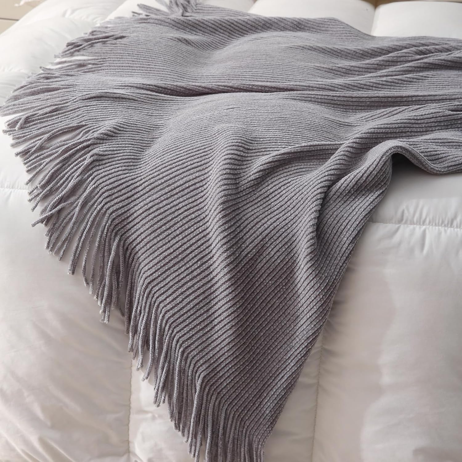 Chenille Throw Blanket for Couch, Soft Cozy Knitted Boho Blanket for Bed, Lightweight Spring Fall Throw with Tassel, 50x60, Light Grey. - Image 7