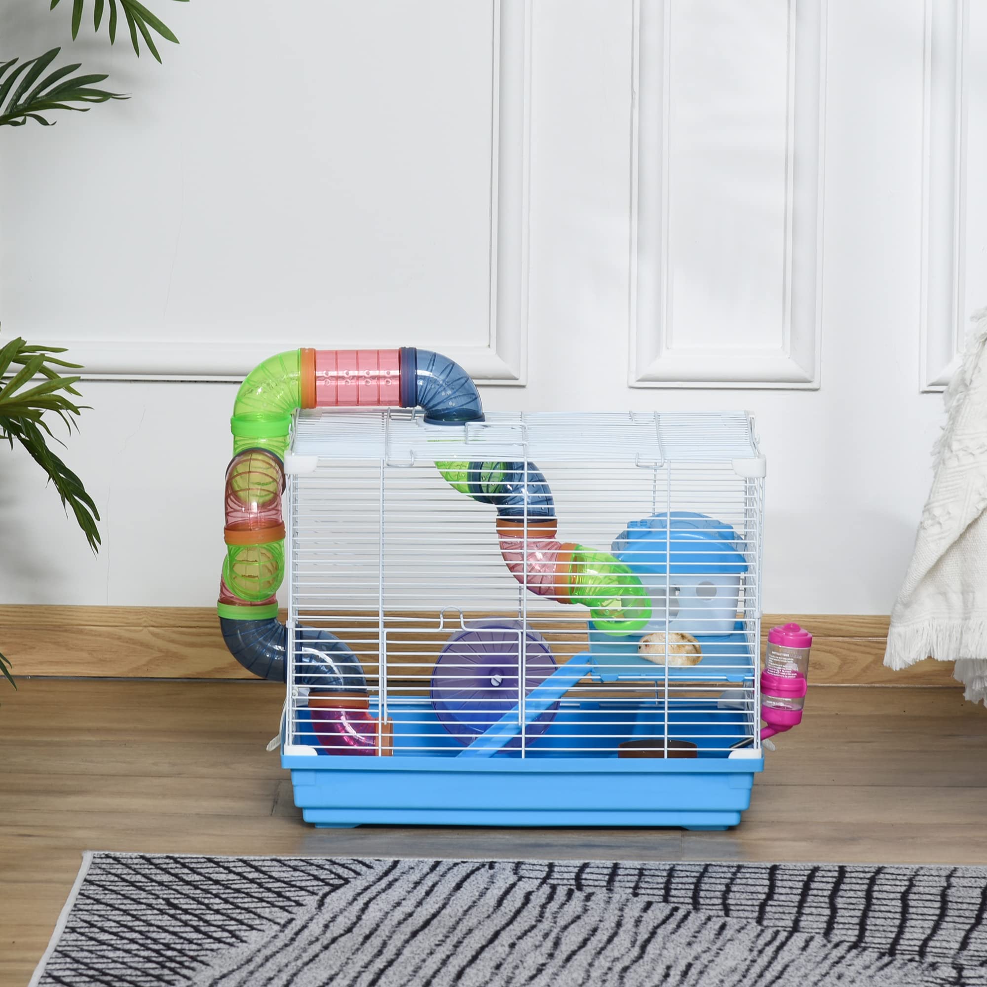PawHut Cage pour Rongeur Hamster 2 Niveaux avec Tunnel, Bouteille d'eau, Roues, Maison, échelle dim. 46L x 30l x 37H cm - 3