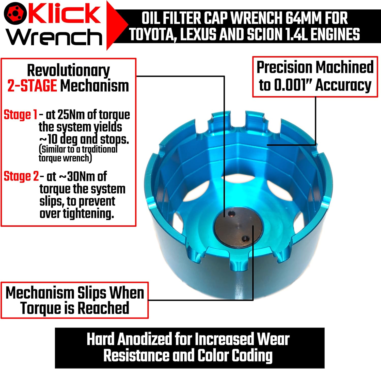 68mm 67mm 66mm 65mm 64mm 14 Flute 2 Stage Heavy Duty Torque Limiting Oil Filter Wrench Blue 6061-T6 Billet Aluminium