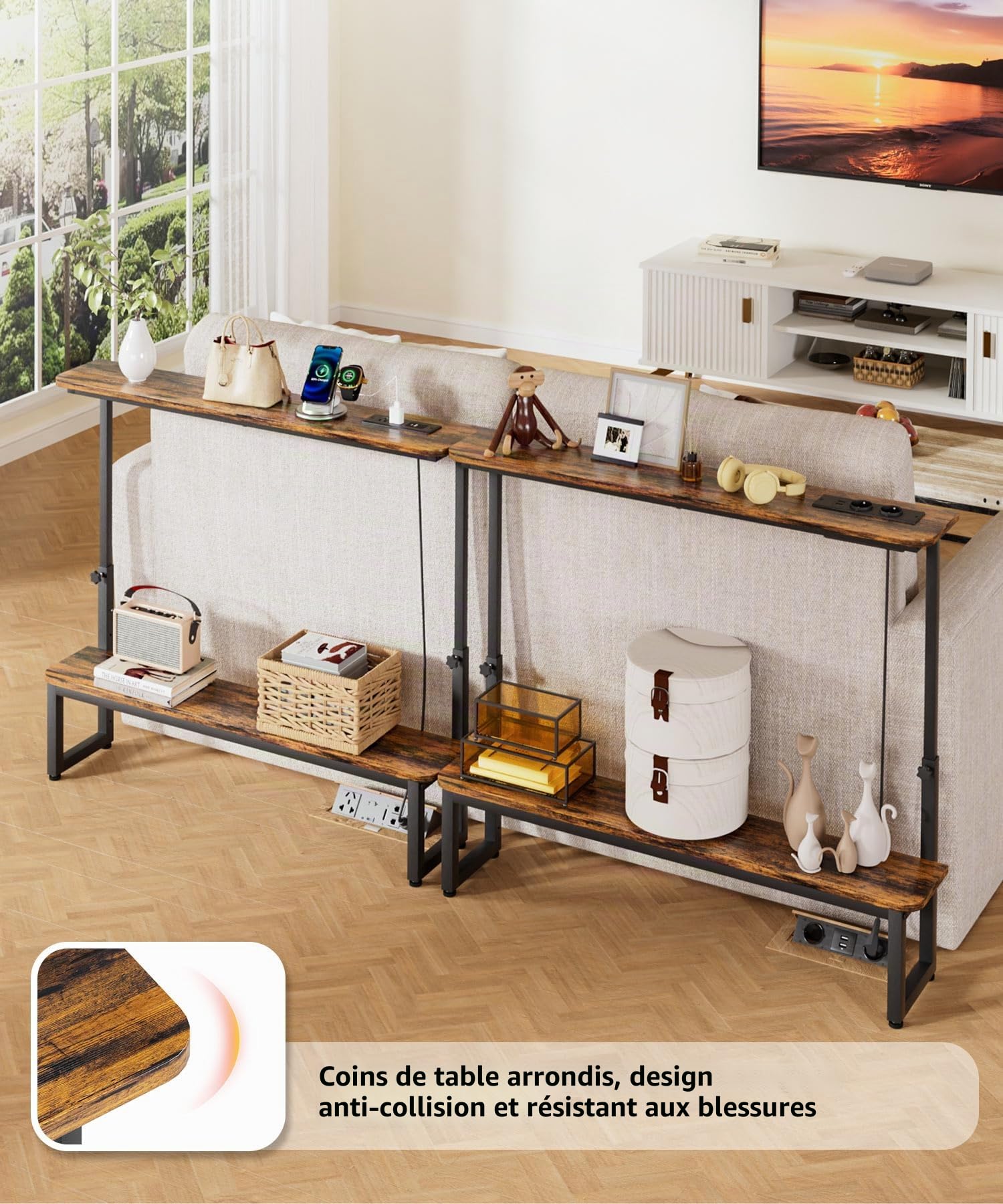 Yorbay Console étroite à 2 étagères - Table de couloir avec station de charge réglable en hauteur - Table d'appoint rétro avec prise - Table basse - Table d'entrée pour couloir, salon, chambre à