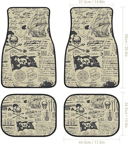 Miniatura 2 de Juego de 4 tapetes para piso de coche, diseño de calavera de barco pirata, diseño de mapa del tesoro, tapete antideslizante y duradero, accesorios