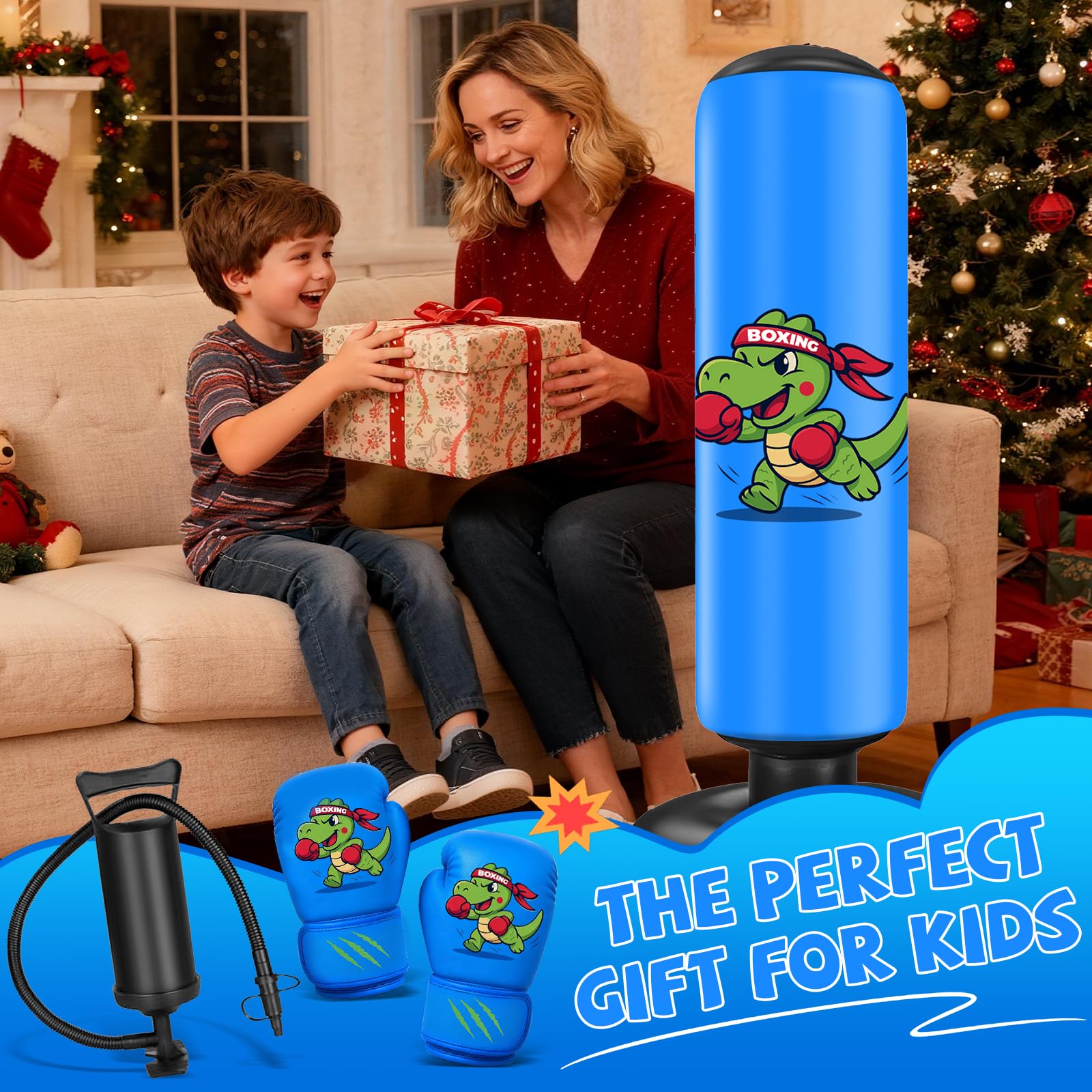 Saco de Boxeo Niños Ninonly 130cm Saco Boxeo Niños con Guantes y Bomba de Aire para Practicar Karate y Taekwondo Idea de Regalo para Niños y Niñas