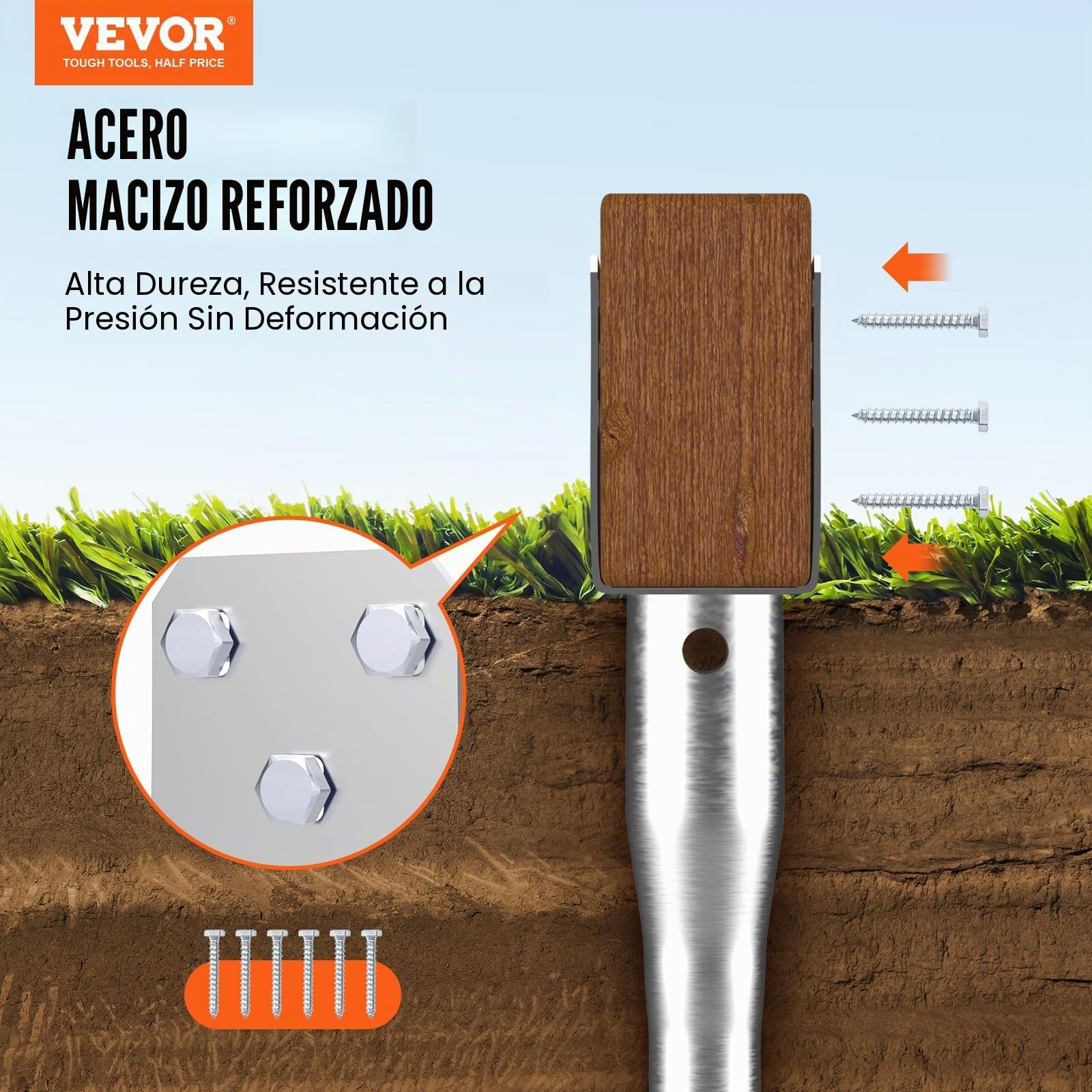 VEVOR Anclaje de Suelo sin Excavación, 100 x 70 x 700 mm, Estaca de Poste con Tornillo para Bricolaje, Incluye 6 Pernos de Retraso y una Barra, Soporte para Postes de Acero Resistente en Forma de U