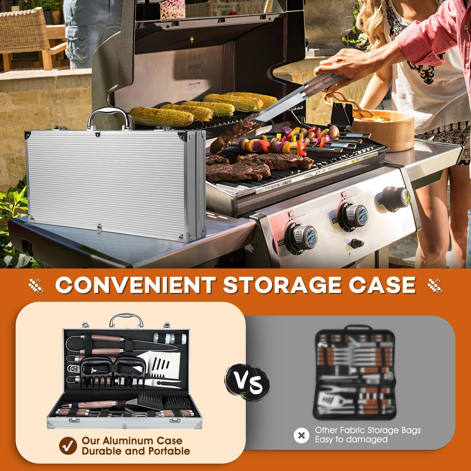 DRAGON RIOT Juego de cubiertos para barbacoa, 29 piezas, juego de barbacoa para hombres, regalo | Juego de accesorios para barbacoa con espátula en maletín de aluminio, cubiertos para barbacoa al aire libre