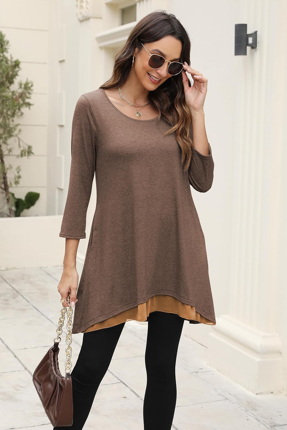 Poetsky Womens 3/4 Sleeve Tunic Tops to Wear with Leggings Layered Chiffon Hem Casual Long Shirts with Pockets - Image 8