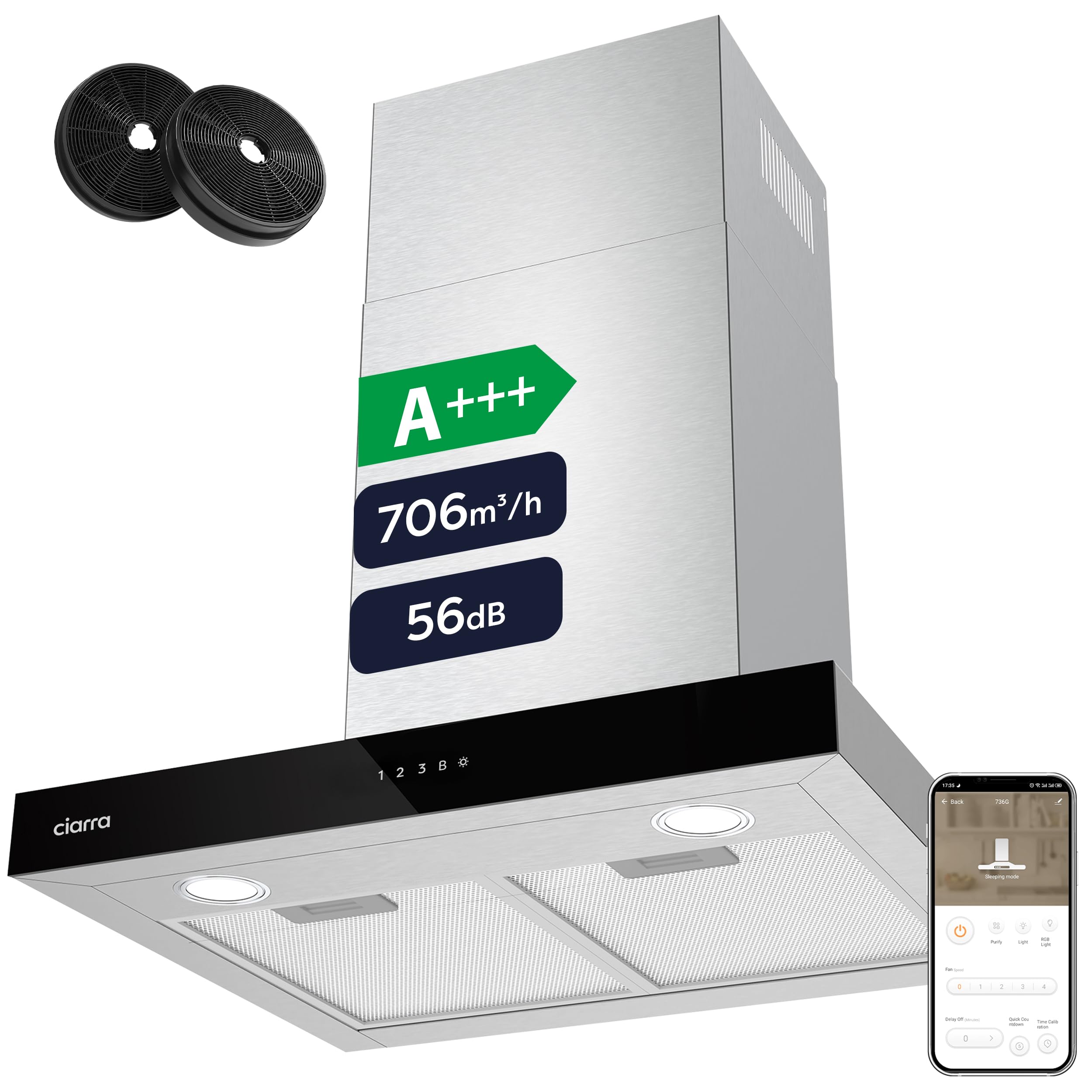 CIARRA CBCS6102 Campana Extractora 60 cm 706 m³/h WiFi Plateada A+++ | 4 Velocidades - Evacuación al Exterior y Recirculación Interna por Filtro de Carbón CBCF003 - Acero Inoxidable