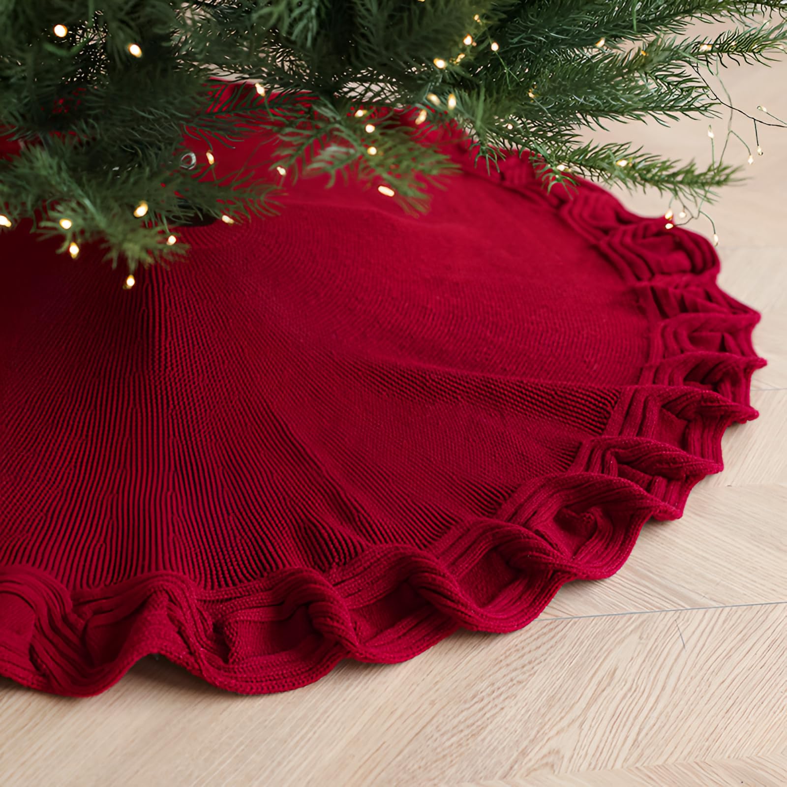 90 cm Jupe de Sapin de Noël Tricoté Rond Jupe d'arbre Sapin Noel pour Fournitures de Décoration Intérieure et Les Décorations de Fête Noël (Rouge)