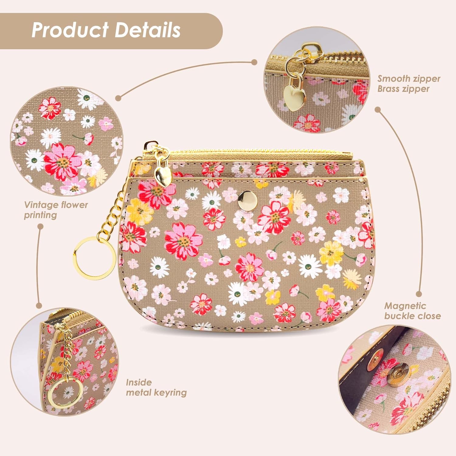 Coin Purse Wallet with Keyring, Small Zipper Pouch, Credit Card Holder, Taupe with Pink and Yellow Flowers (Taupe) - Image 5