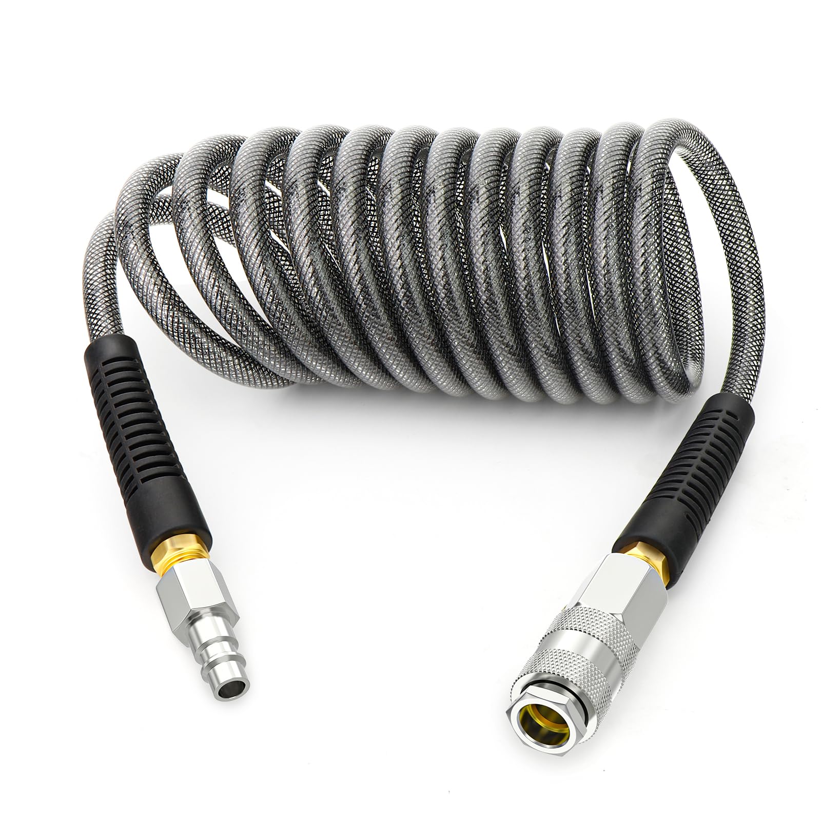 TAILONZ PNEUMATIC 1/4" x 3M Black Reinforced Polyurethane Recoil Air Hose with Bend Restrictor, 1/4" Industrial Quick Coupler and Plug