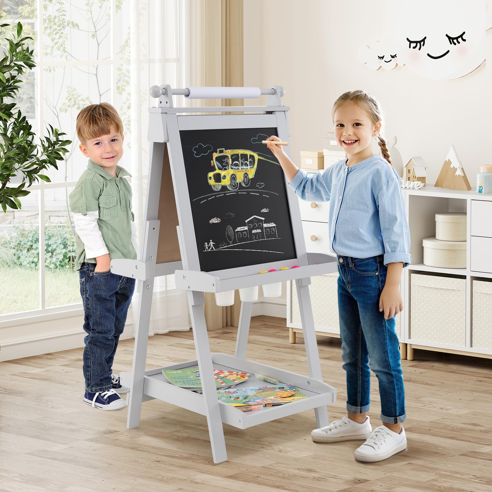 COSTWAY Tablica dla dzieci, składana sztaluga z regulacją wysokości z białą tablicą i tablicą magnetyczną, dwustronna tablica dziecięca z rolką papierową i 3 miseczkami do malowania, składana tablica