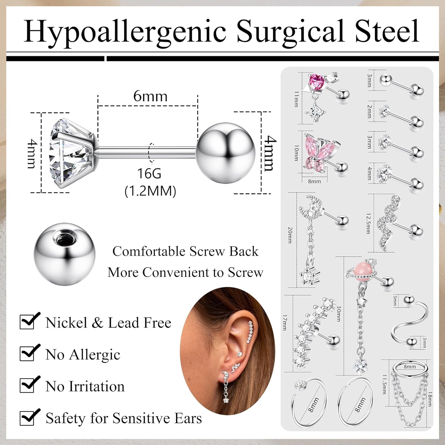 FASACCO Helix Earrings 16G Cartilage Earring Surgical Steel Helix Piercing Jewelry Conch Earrings Cartilage Piercing Jewelry - Image 2