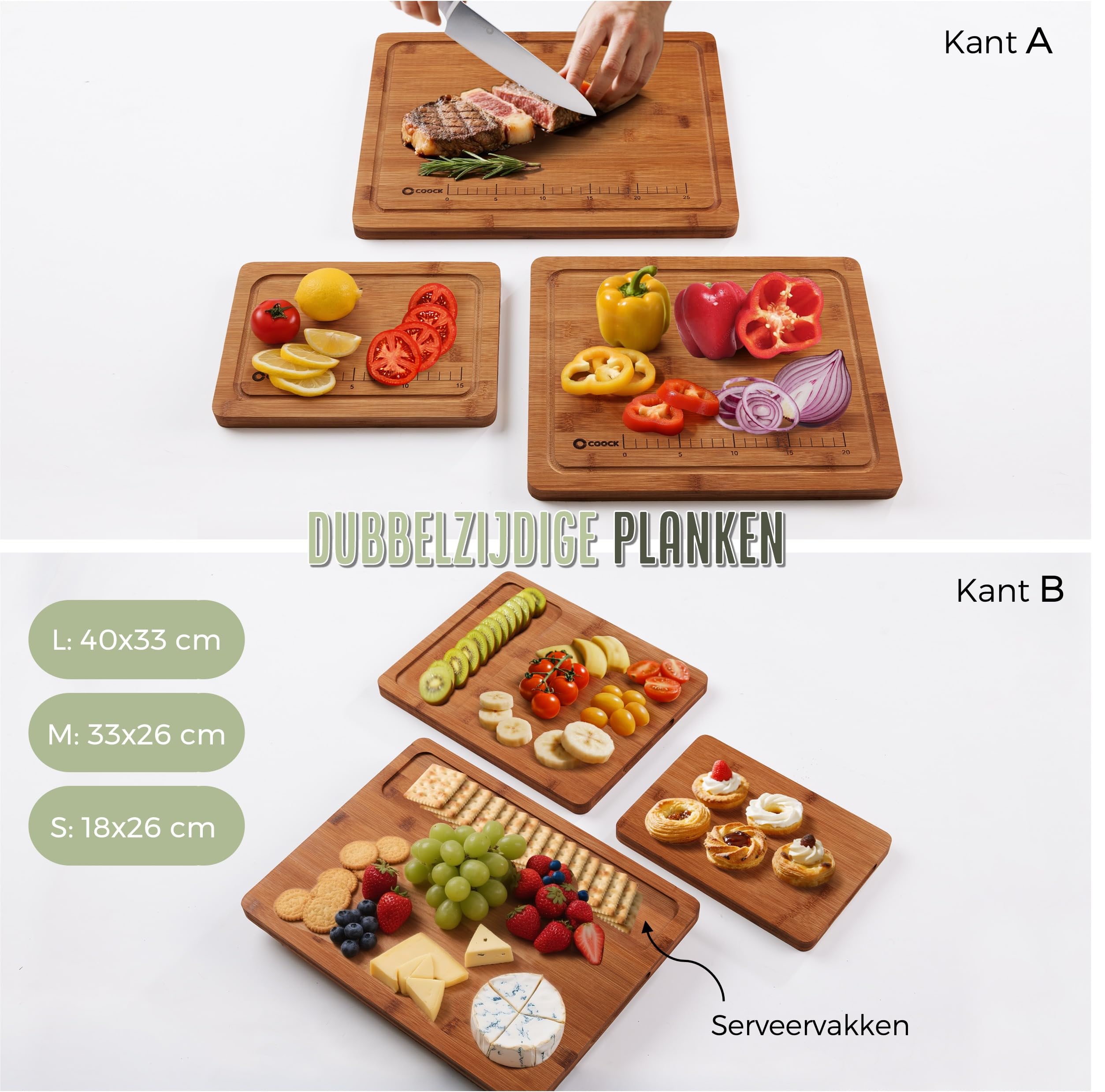 Bambus Schneidebrett-Set mit Halter – 3 Stück (Groß 40x30, Mittel 33x26, Klein 26x18 cm) – Carbonisierte Premium Schneidebretter mit Saftrille, Servierbrett & Käsebrett – Beidseitig