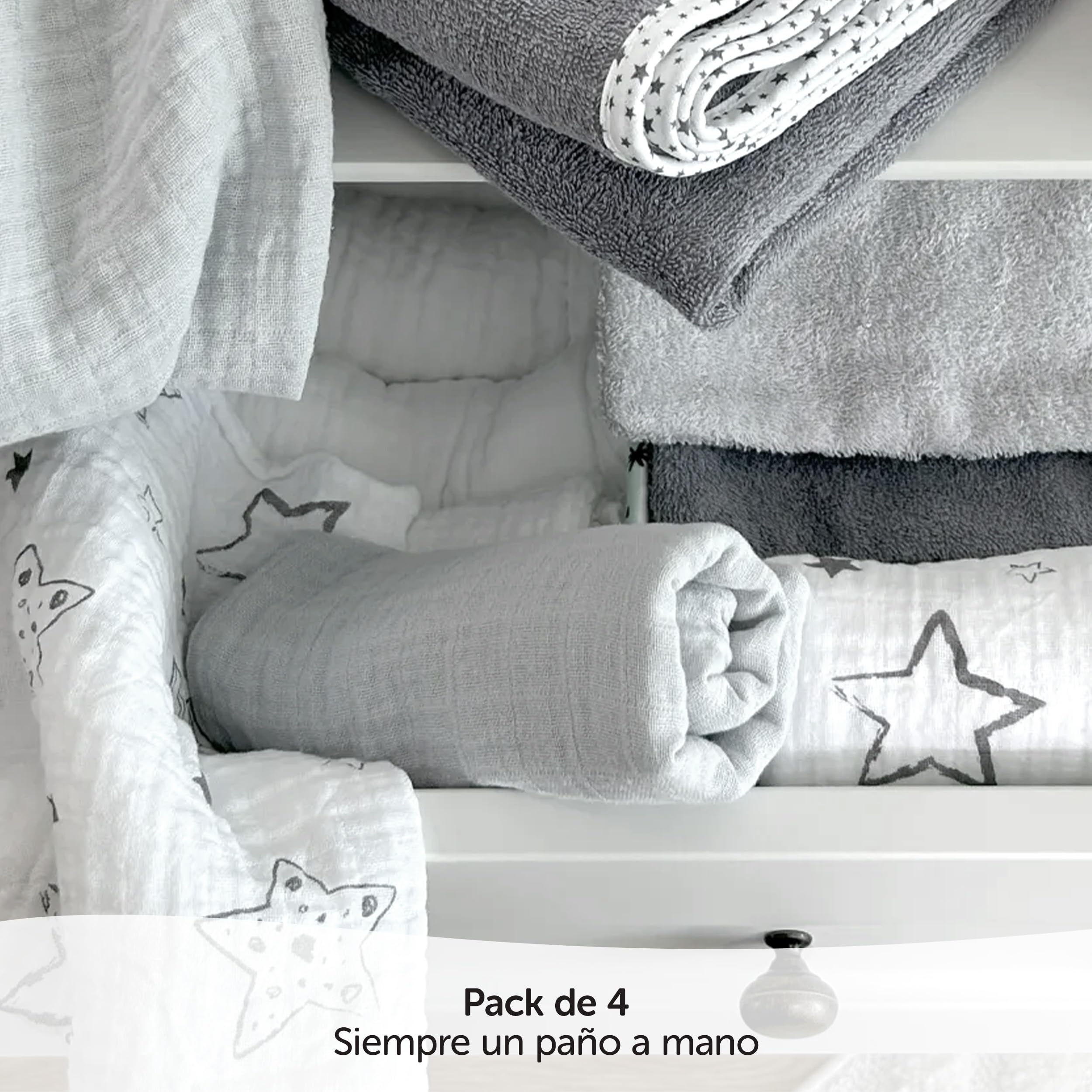 MAKIAN - Muselinas Bebe Algodon 70x70 cm | Gasas para Bebes 4 Ud. | Cuadrados de Muselina con Tejido Doble con Bordes Reforzados y Certificado Oeko-Tex, Estrellas Gris Blanco