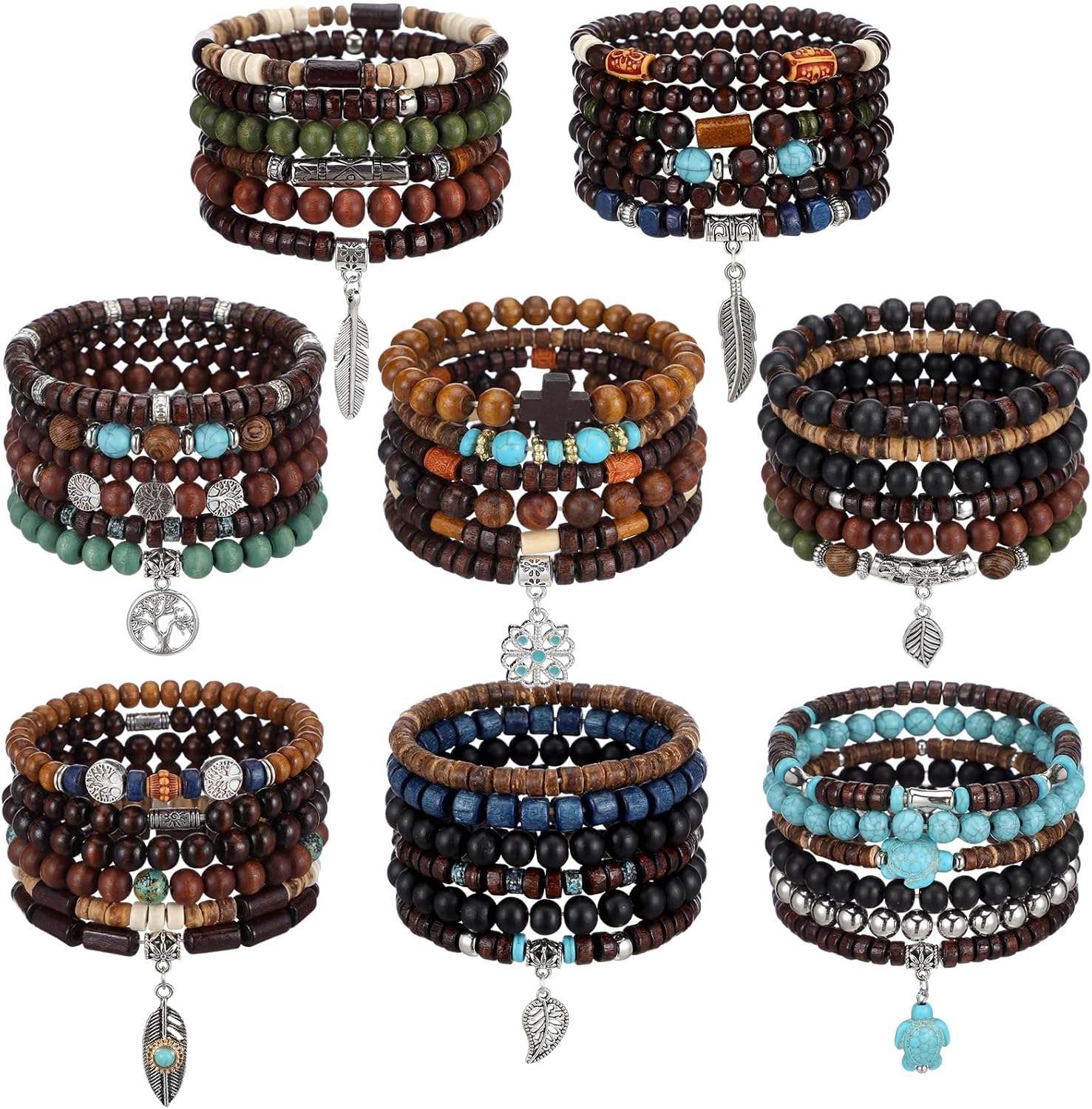 Tondiamo 48 Pcs Punk Wooden Beads Bracelets Gothic Bracelet for Men Adjustable Bulk Vintage Beaded Bracelet Metal Set Wood Bangles Wristbands Commemorative Gift