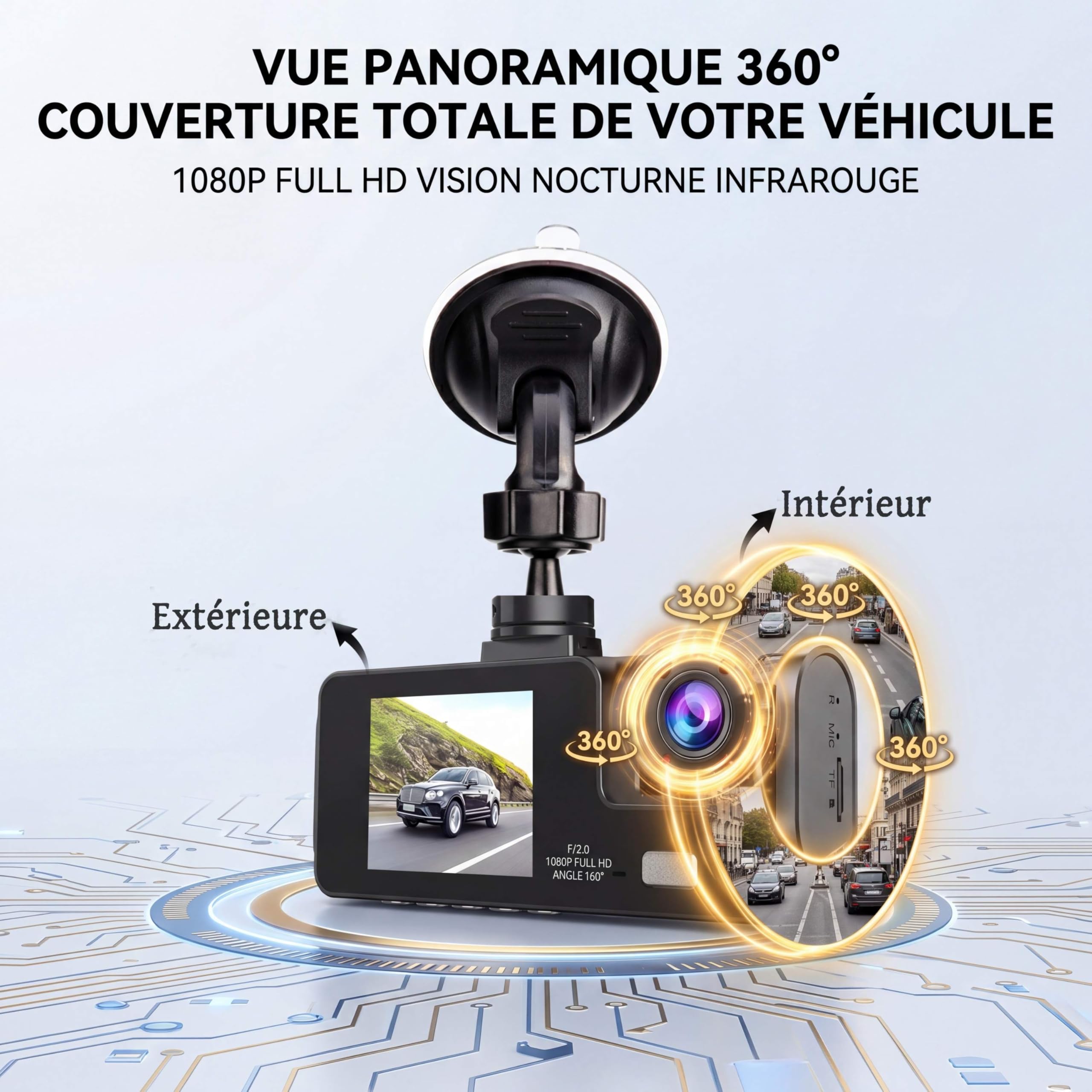 Telecamera Dashcam 3 telecamere 1080P Full HD | Massima sicurezza a 360° senza angolo morto, visione notturna e parcheggio monitorato, WiFi integrato rilevamento del movimento, ideale per i conducenti