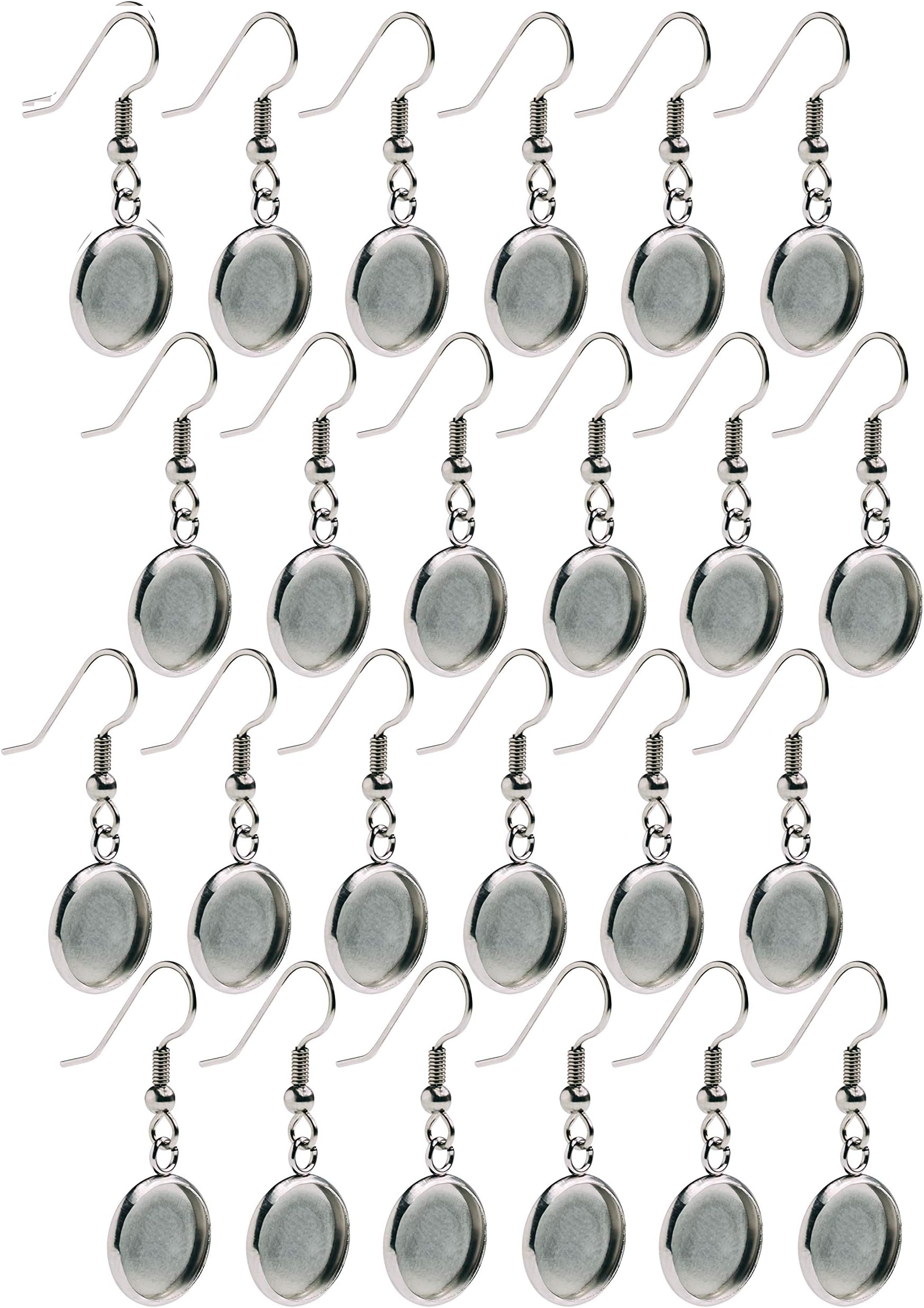 BastexSilver Earring Blanks, Pack of 24 Units. Wire Hooks with Small 12mm Cabochon Settings. Perfect for DIY Jewelry Making Supplies and Earring Findings