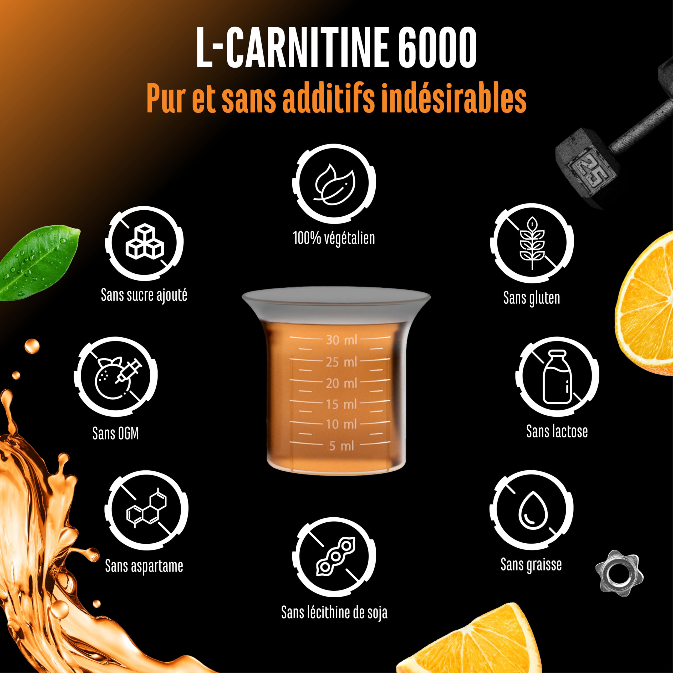 L-Carnitine 6000 Liquid - 1000 ml - Extra Fortement Dosé avec 6000 mg de L-Carnitine Pure par Portion Journalière - Amino Workout Drink - Goût Délicieux (Orange Power) - Vegan | Orange, 6000 mg de L-carnitine, boisson d'entraînement aminée, végétalien, ha