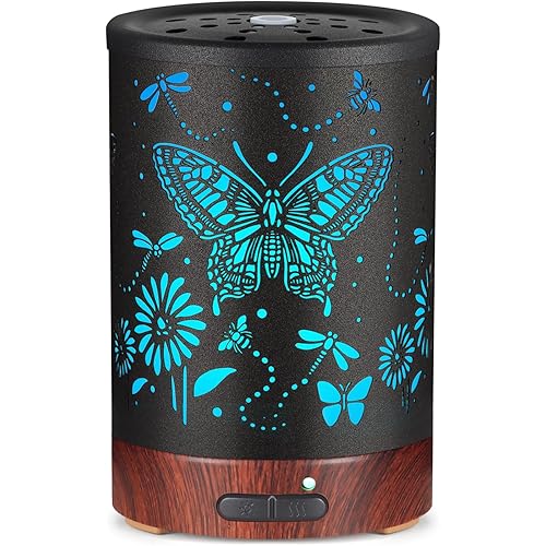 Metal Essential Oils Diffuser 150ML Christmas Aromatherapy Diffuser Cool Mist Humidifier with 7 Colors Lights Waterless Auto Off Air Diffusers as Gifts for Mom(Butterfly)