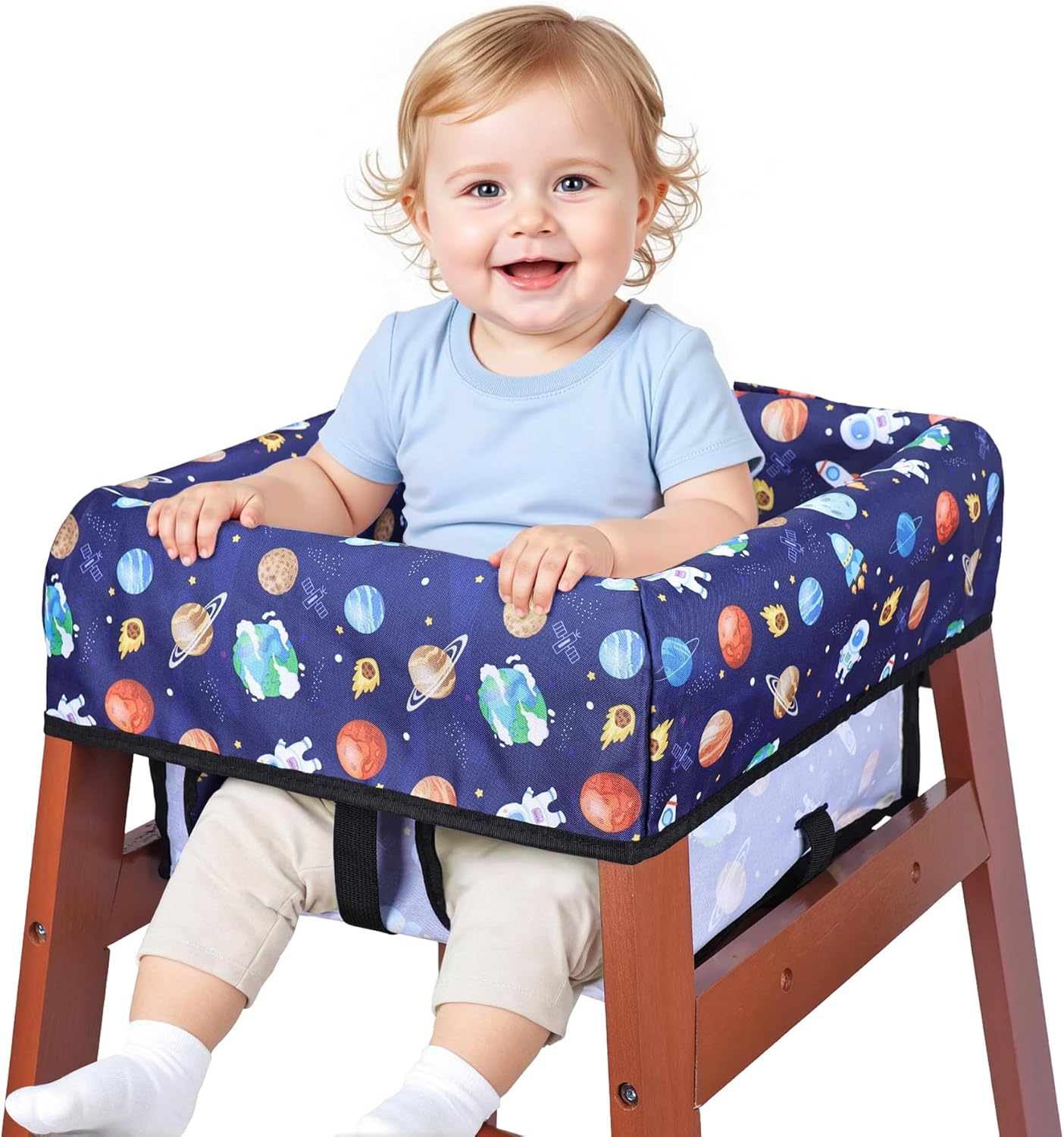 High Chair Cover, Baby High Chair Cover for Restaurants, Waterproof Portable Highchair Covers with 3-Point Harness for Eating, Travel, Home, Machine Washable, Fits Wooden Chairs (Blue)