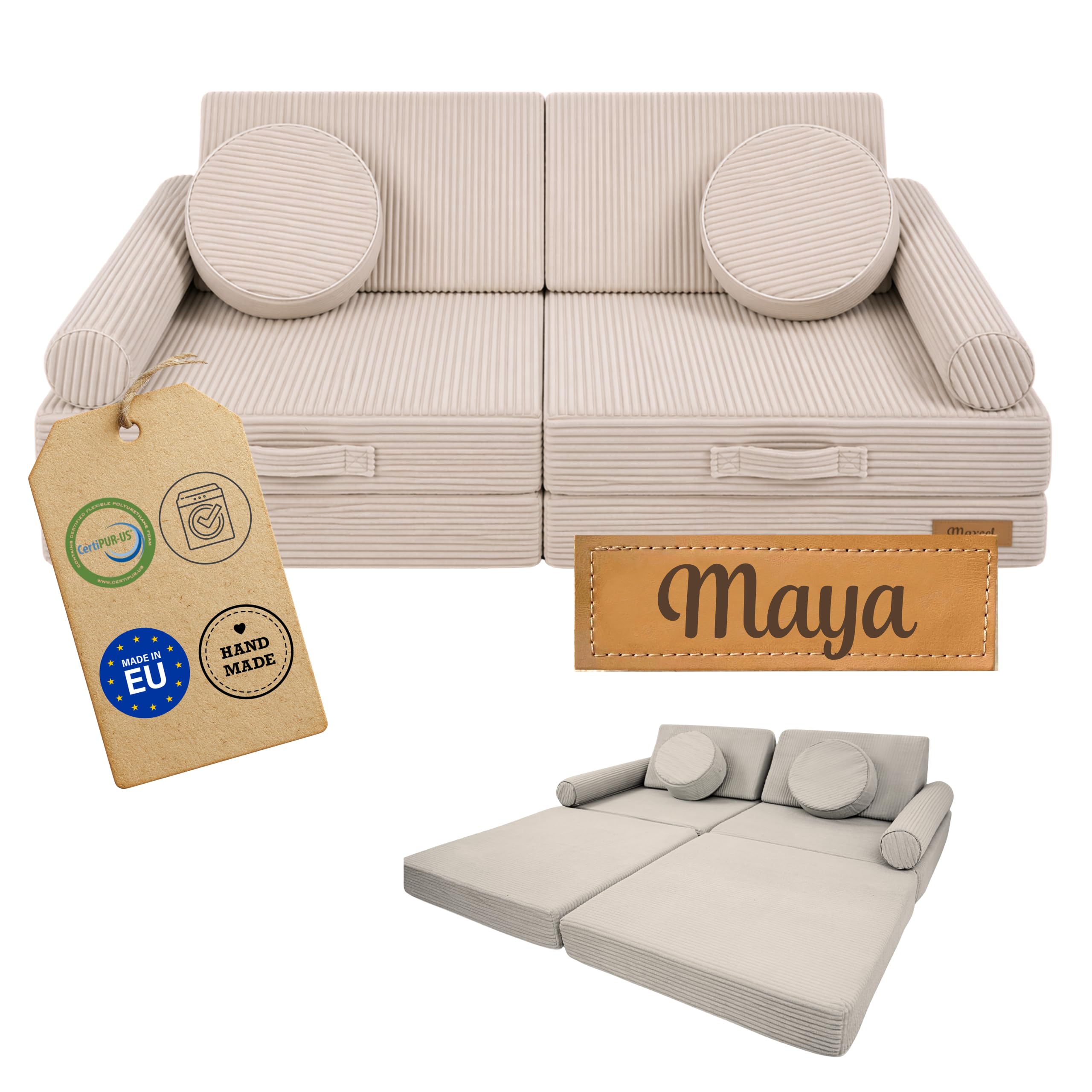 Flumi Modulares Kindersofa 10-teilig – Kindercouch für Kinderzimmer mit waschbarem Bezug, personalisierbar mit Namen (Cord Beige)