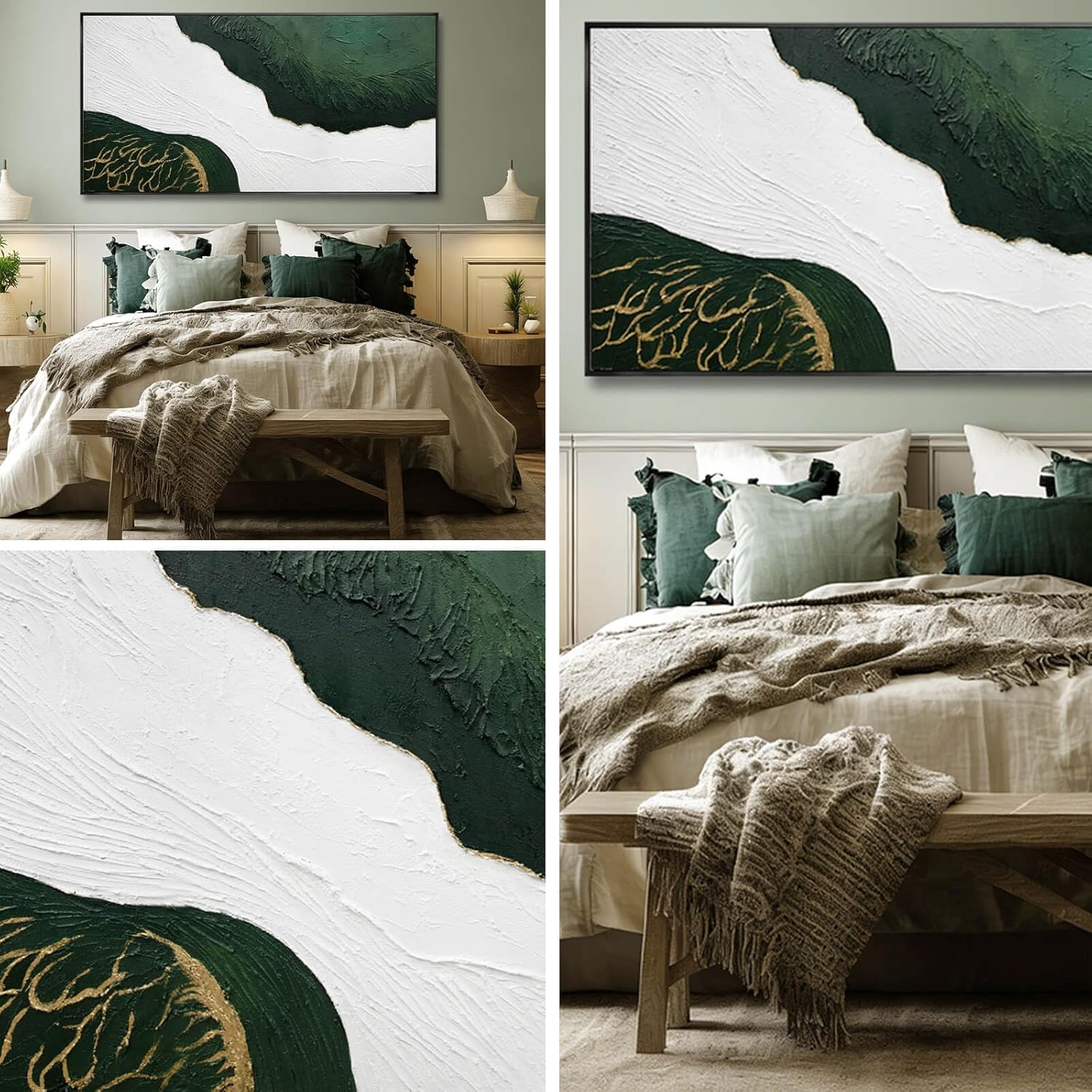 SOUGUAN Green Abstract Wall Art White Textured Minimalist Wall Decor Sage Green Gold Large Artwork Pictures Modern Canvas Prints for Living Room Hallway Fireplace Bedroom Home Office 24"x48"