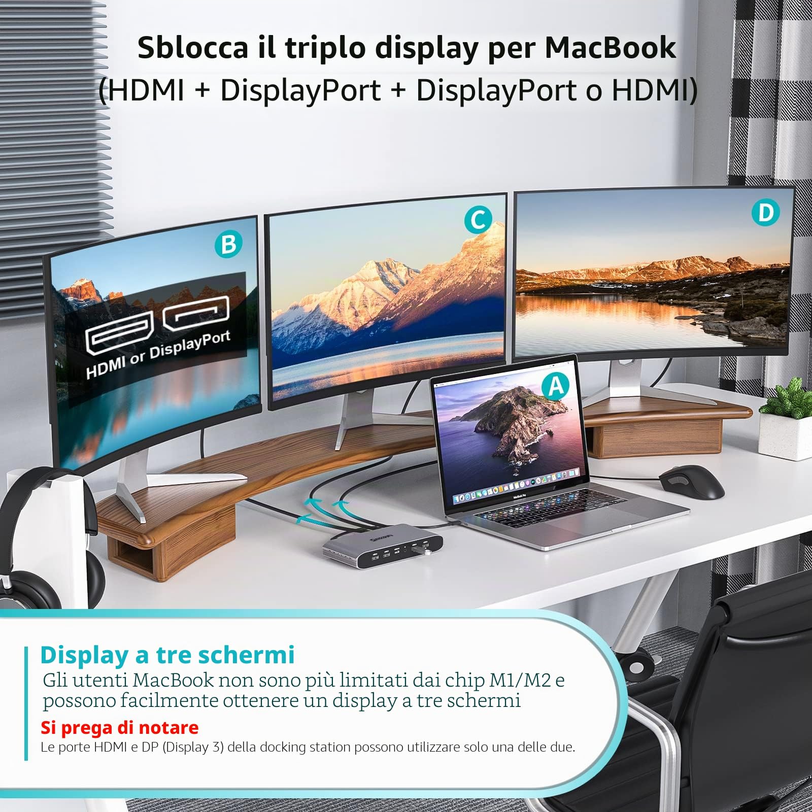 Minisopuru USB C Docking Station (13 IN 1), Displaylink Triple Display Docking Station per MacBook M1/M2/M3/M4/Windows, con 2 HDMI e 2 DisplayPort, 100W PD, dati USB-C, Ethernet, audio, 4 porte USBA