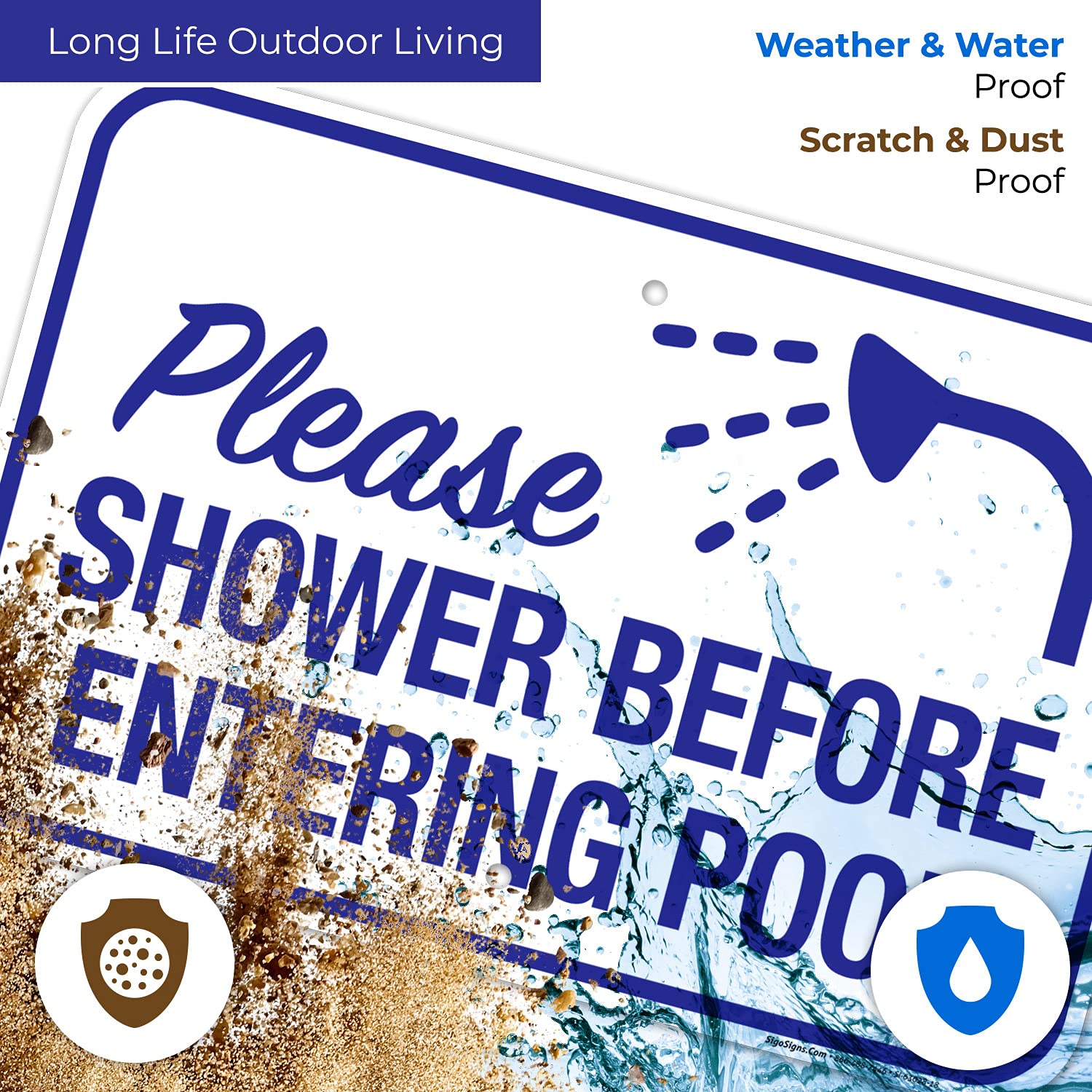 Please Shower Before Entering Pool with Graphic Sign, 12x18 Inches, Rust Free .063 Aluminum, Fade Resistant, Made in USA