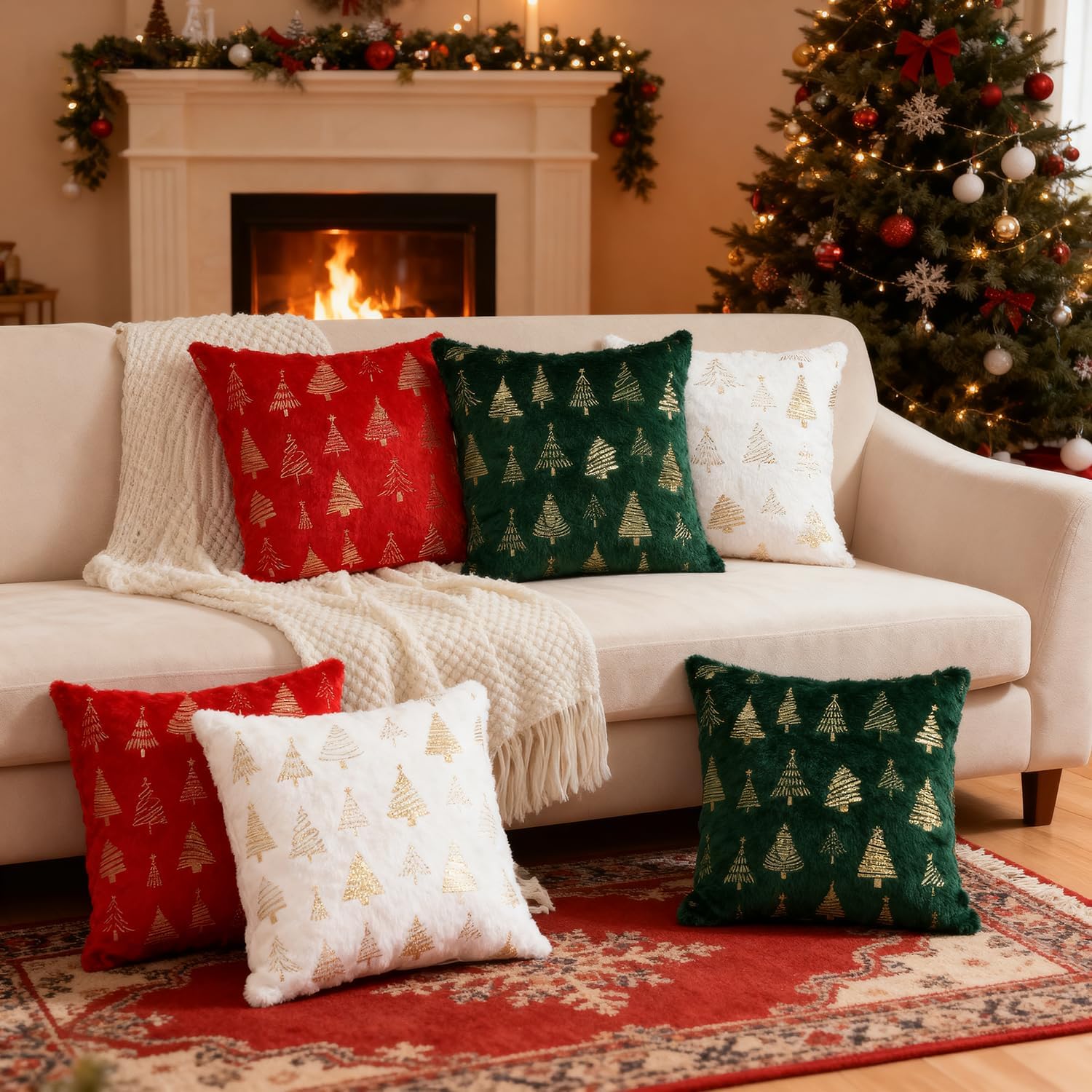 Artmag Christmas Tree Throw Pillow Covers 16x16 inch Set of 2, Decorative Golden Tree Pillow Covers Cushion Case Holiday Decoration for Home Couch Sofa - Image 6