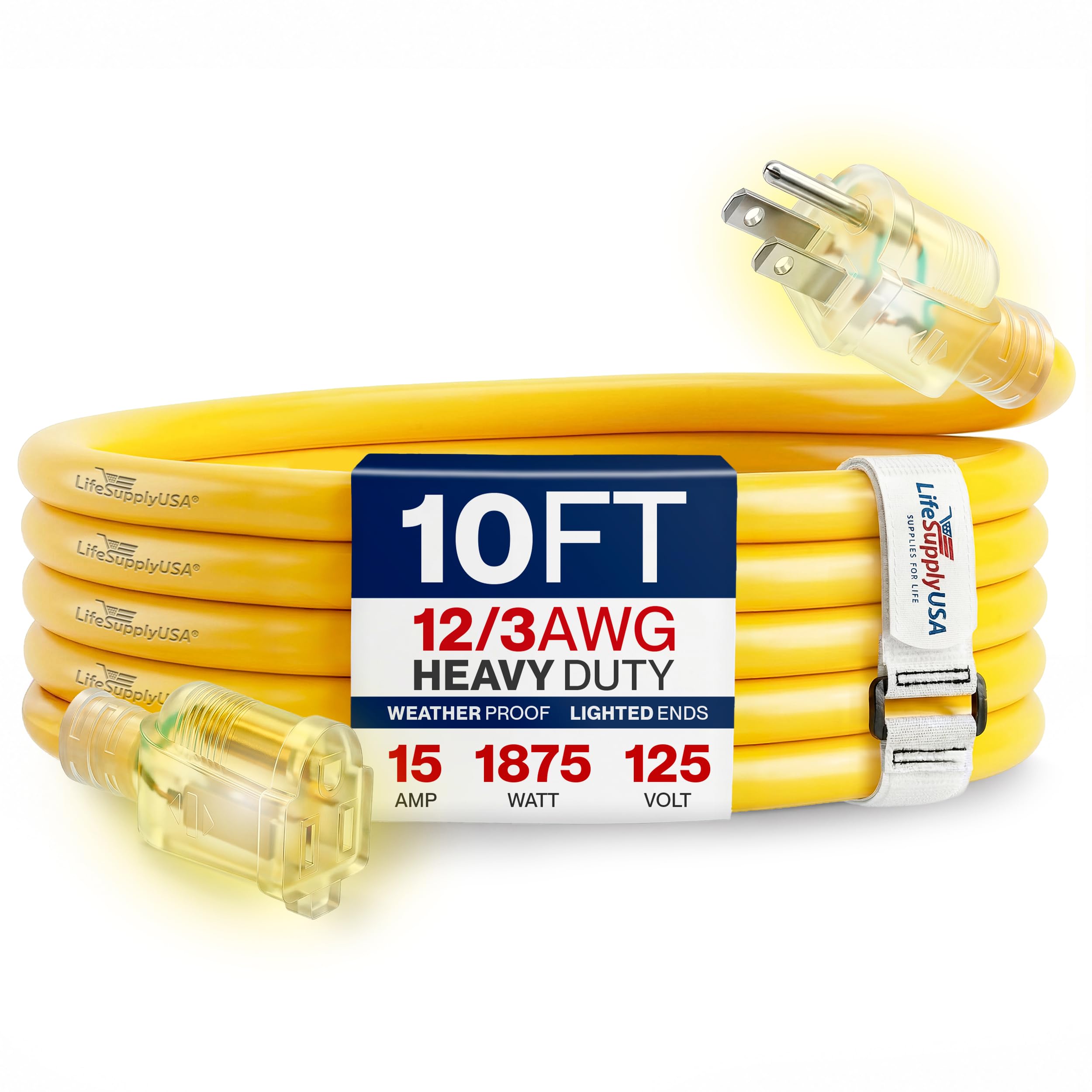 LifeSupplyUSA - Cable de extensión de alimentación de 10 pies para exteriores e interiores, cable de caída eléctrico impermeable, 3 clavijas, calibre 12, 15 amperios, 125 voltios, 1875 vatios, 12/3