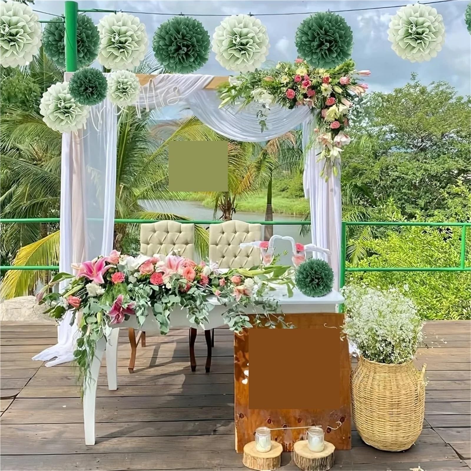 2er-Set elegante, blumenförmige Pompons aus Seidenpapier, grün-dunkelgrüner Farbverlauf, Partydekoration