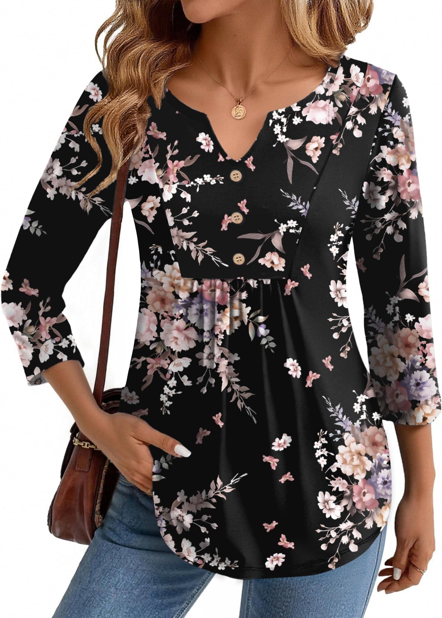 Womens 3/4 Length Sleeve Tops V Neck Dressy Casual T Shirts Pleated Business Work Blouses Basic Tees S-3XL