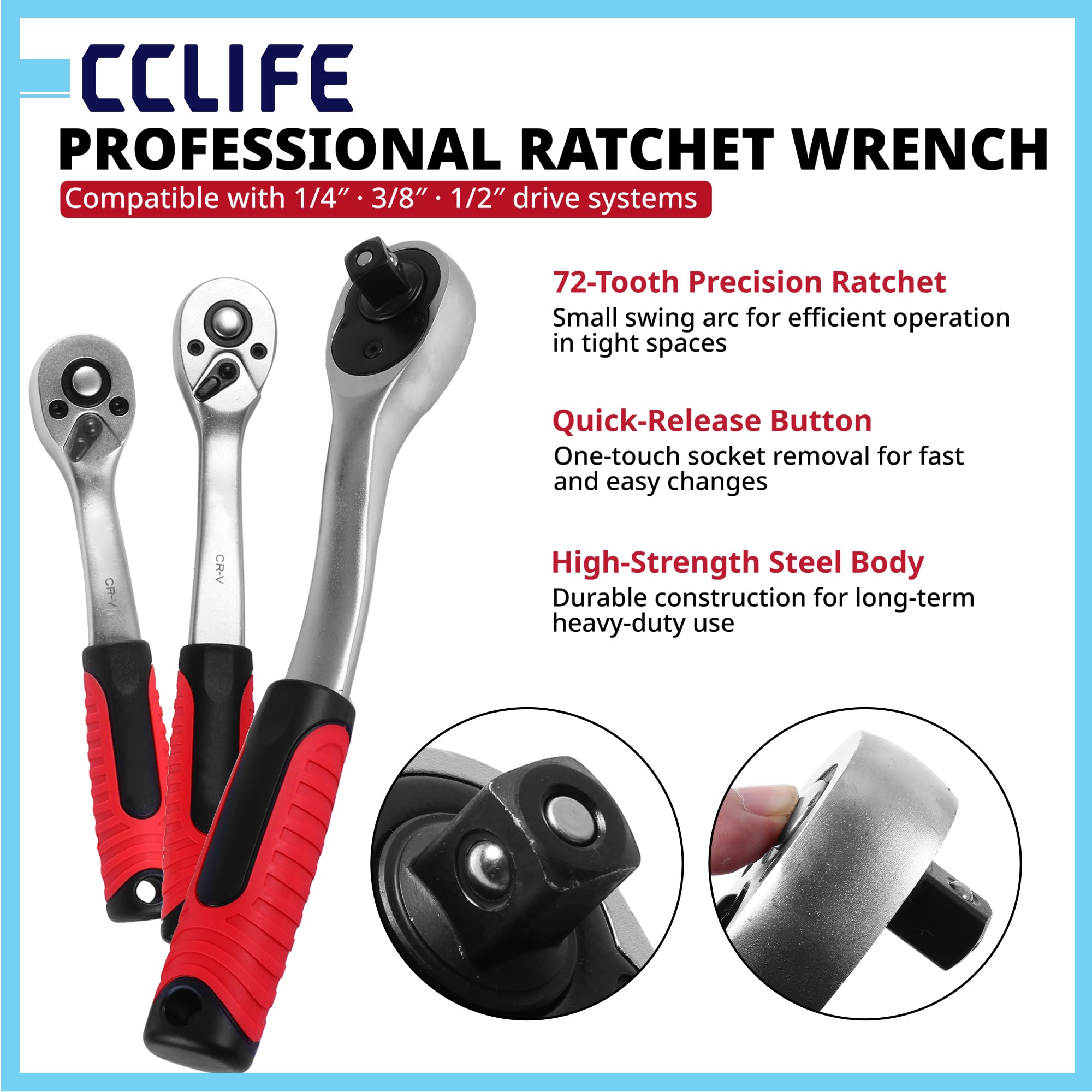 CCLIFE Set di chiavi a bussola, 219 pezzi, 1/4 3/8 1/2", set di attrezzi meccanici con cricchetto a 72 denti, acciaio al cromo vanadio, per riparazione fai da te