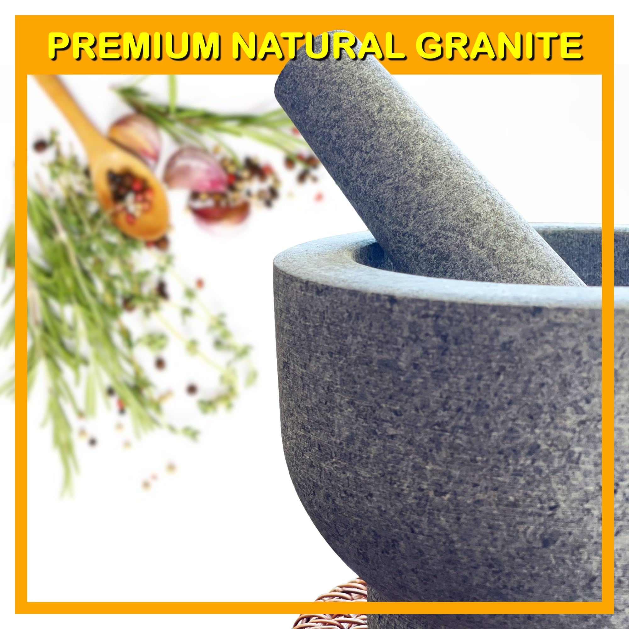 Juego de mortero y pilón de granito natural de 8 pulgadas, 5 tazas, exterior sin pulir