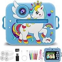 Câmera Infantil, Portátil Digital, Pode Selfie com 32GB Cartão, Papel Fotográfico, Canetas Coloridas, Vídeo HD, Brinquedos Meninas Meninos com Crianças de 3 a 14 Anos （Azul）
