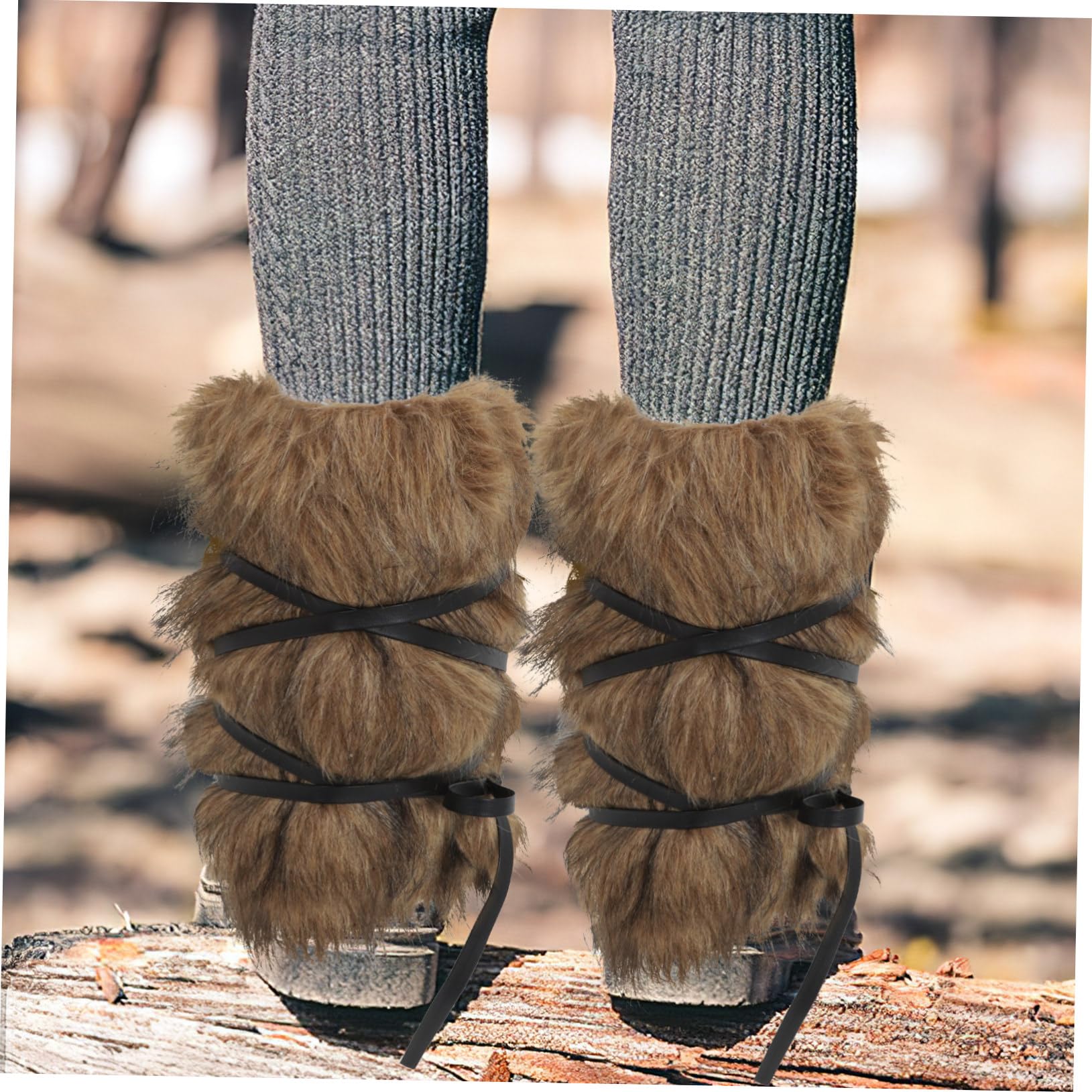 POPETPOP Guêtres Viking Fausse Fourrure Avec Sangles Élastiques – Couvre-Bottes Chauds pour Cosplay Médiéval et Halloween – Ajustables pour Hommes et Femmes