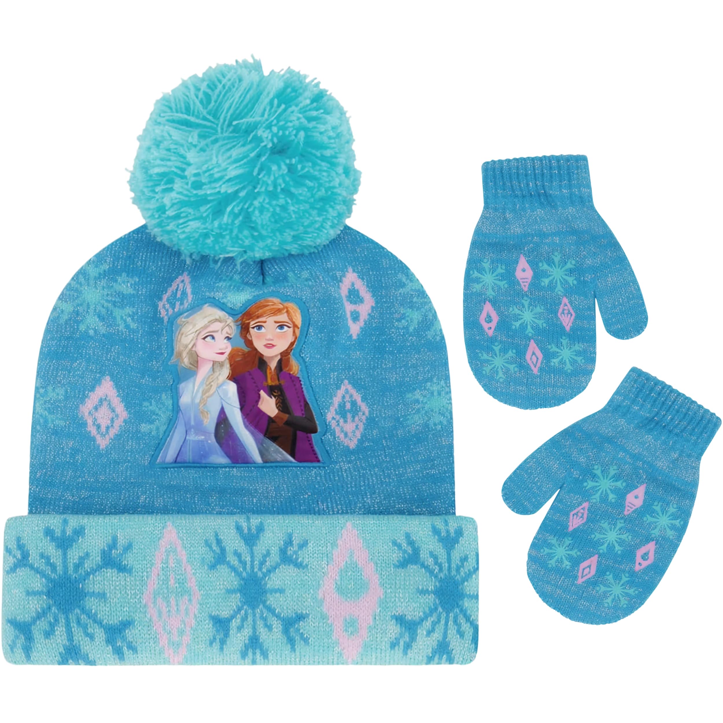 Disney Girl Winter Hat Set, Frozen Elsa and Anna Toddler Beanie Gloves for Kids Ages 2-7, Blue Design, Mittens, Age 2-4